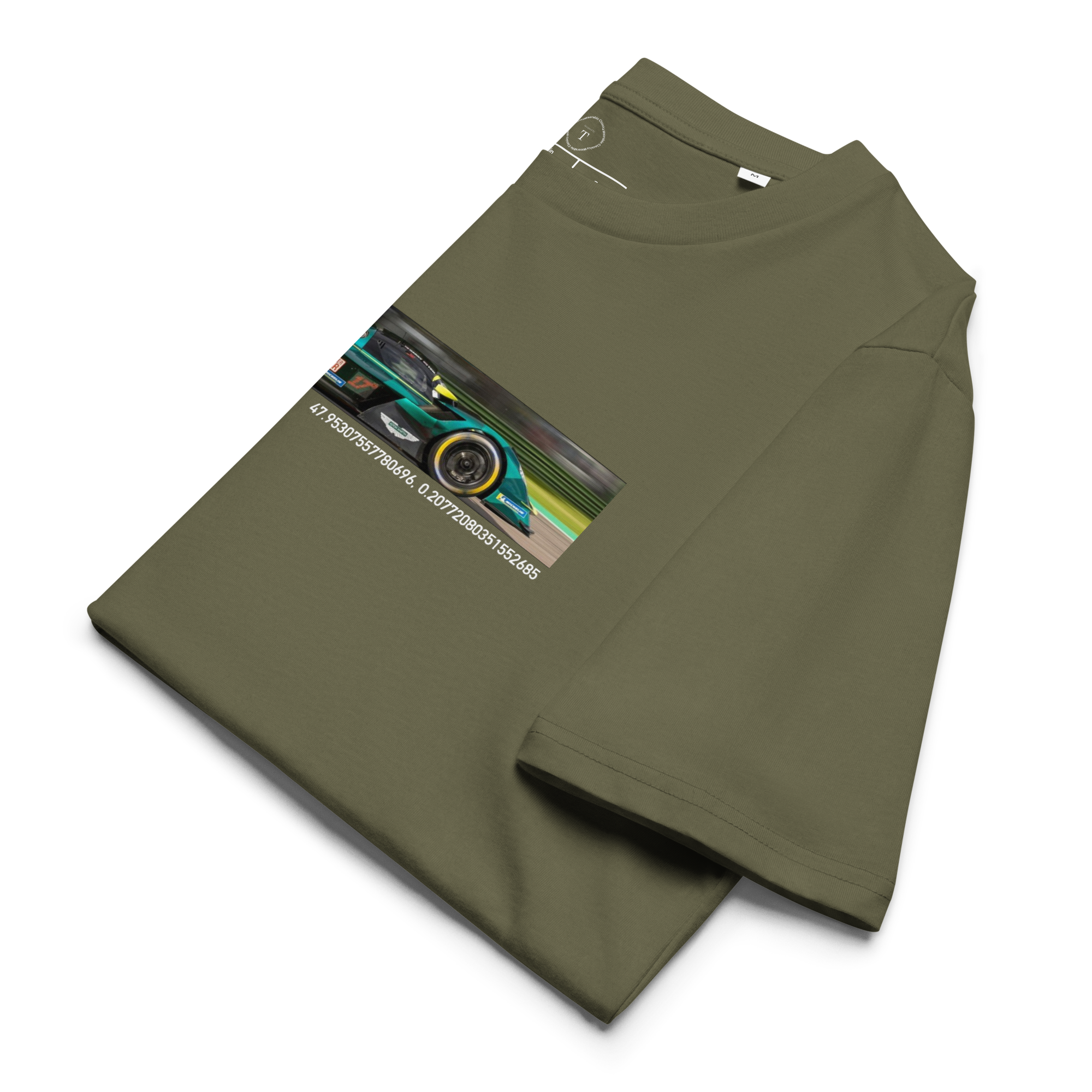 Dark Green Unisex Cotton T-Shirt folded close up with banner image of Aston Martin Valkyrie at Le Mans in the centre with text of coordinates and date of race