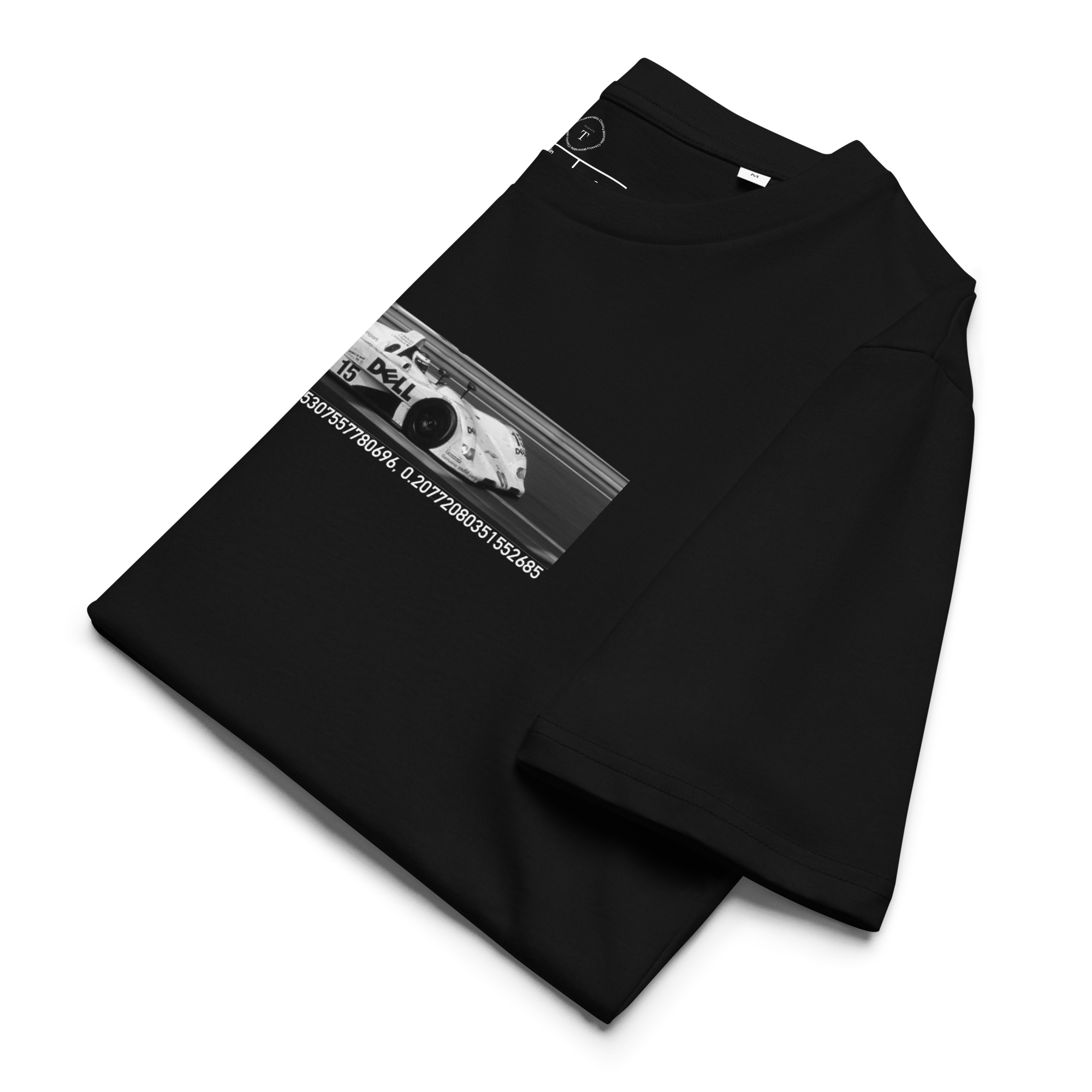 Black Unisex Cotton T-Shirt folded close up with banner image of BMW Motorsport 1999 at Le Mans in the centre with text of coordinates and date of race