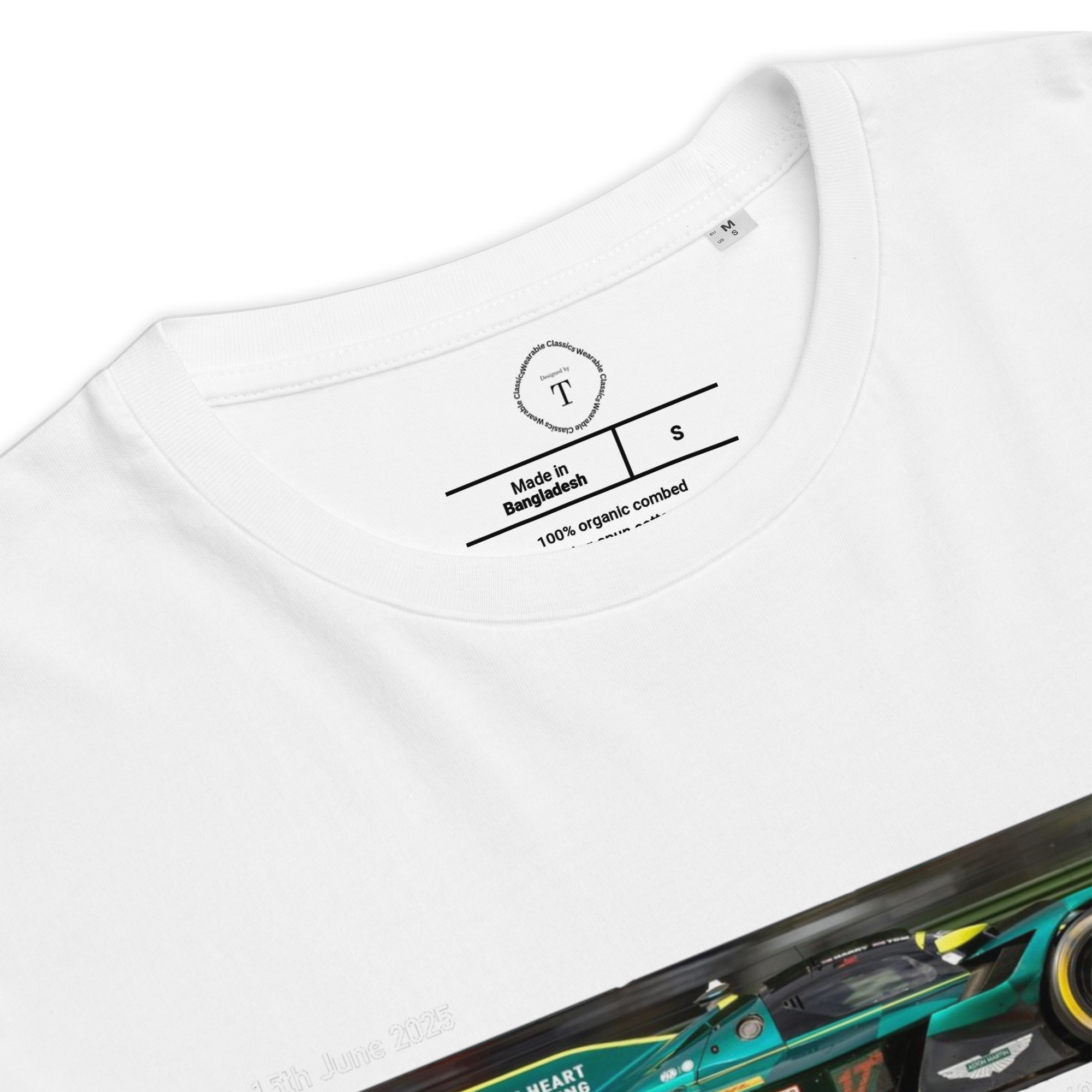 White Unisex Cotton T-Shirt folded close up with banner image of Aston Martin Valkyrie at Le Mans in the centre with text of coordinates and date of race