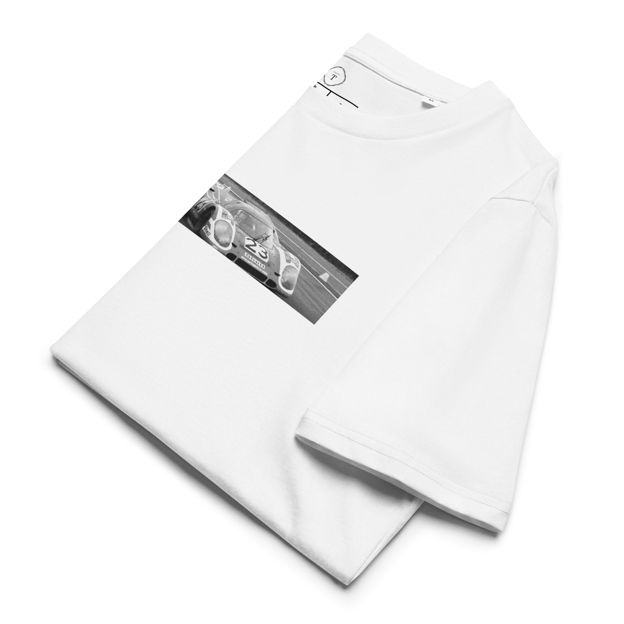 White Unisex Cotton T-Shirt folded close up with banner image of Porsche 1970 at Le Mans in the centre with text of coordinates and date of race