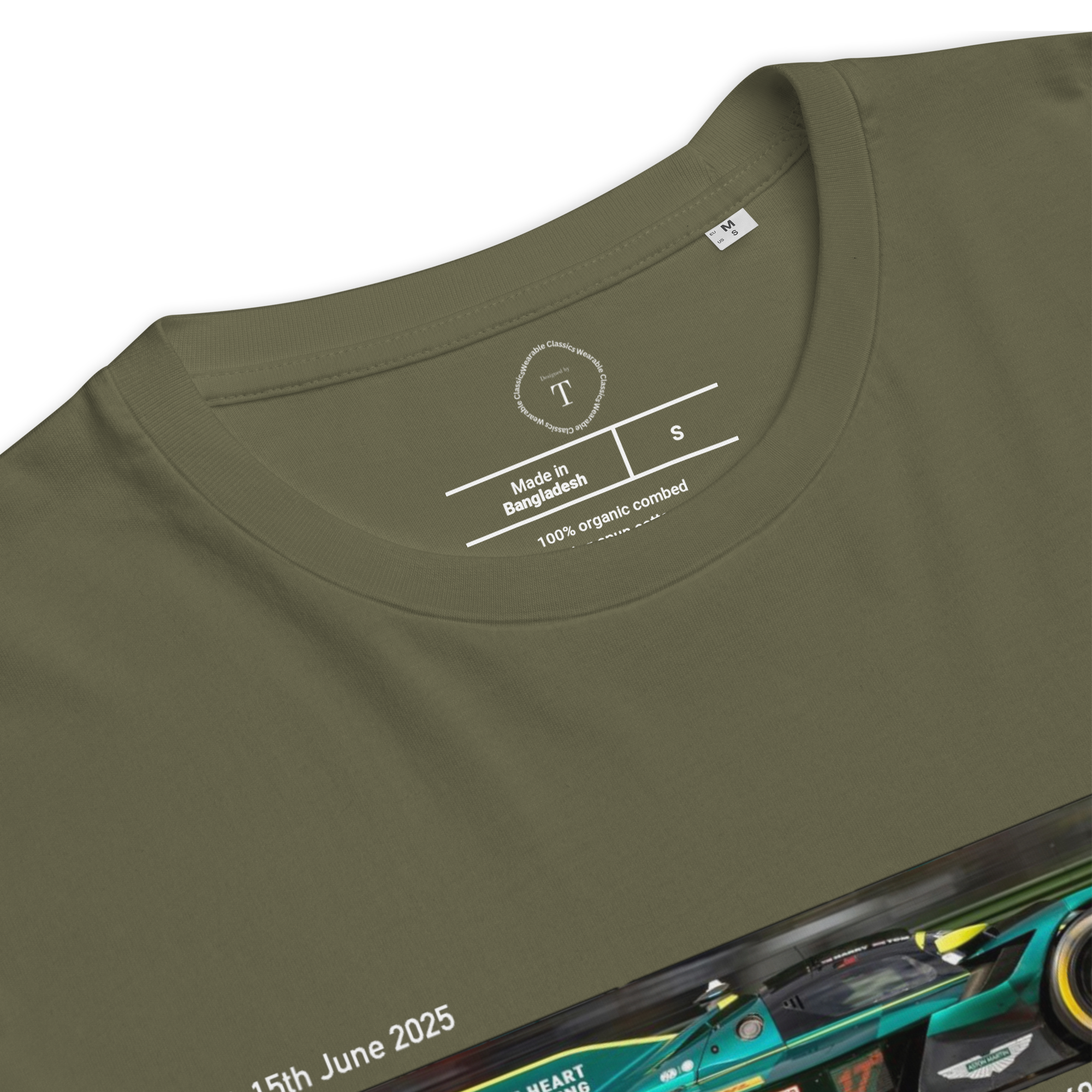 Dark Green Unisex Cotton T-Shirt folded close up with banner image of Aston Martin Valkyrie at Le Mans in the centre with text of coordinates and date of race