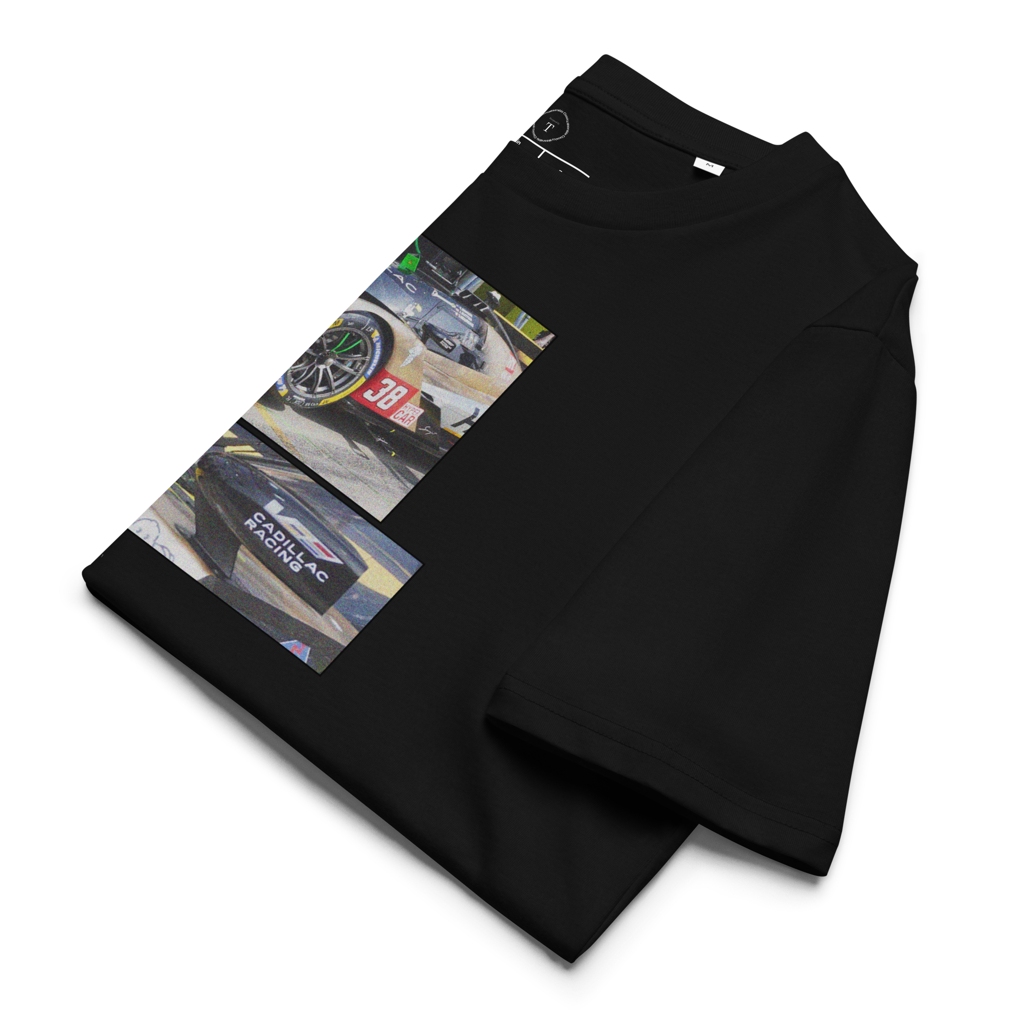 Black Unisex Cotton T-Shirt folded close up with sqaure box design with photographs of Cadillac Racing from multiple angles at Le Mans