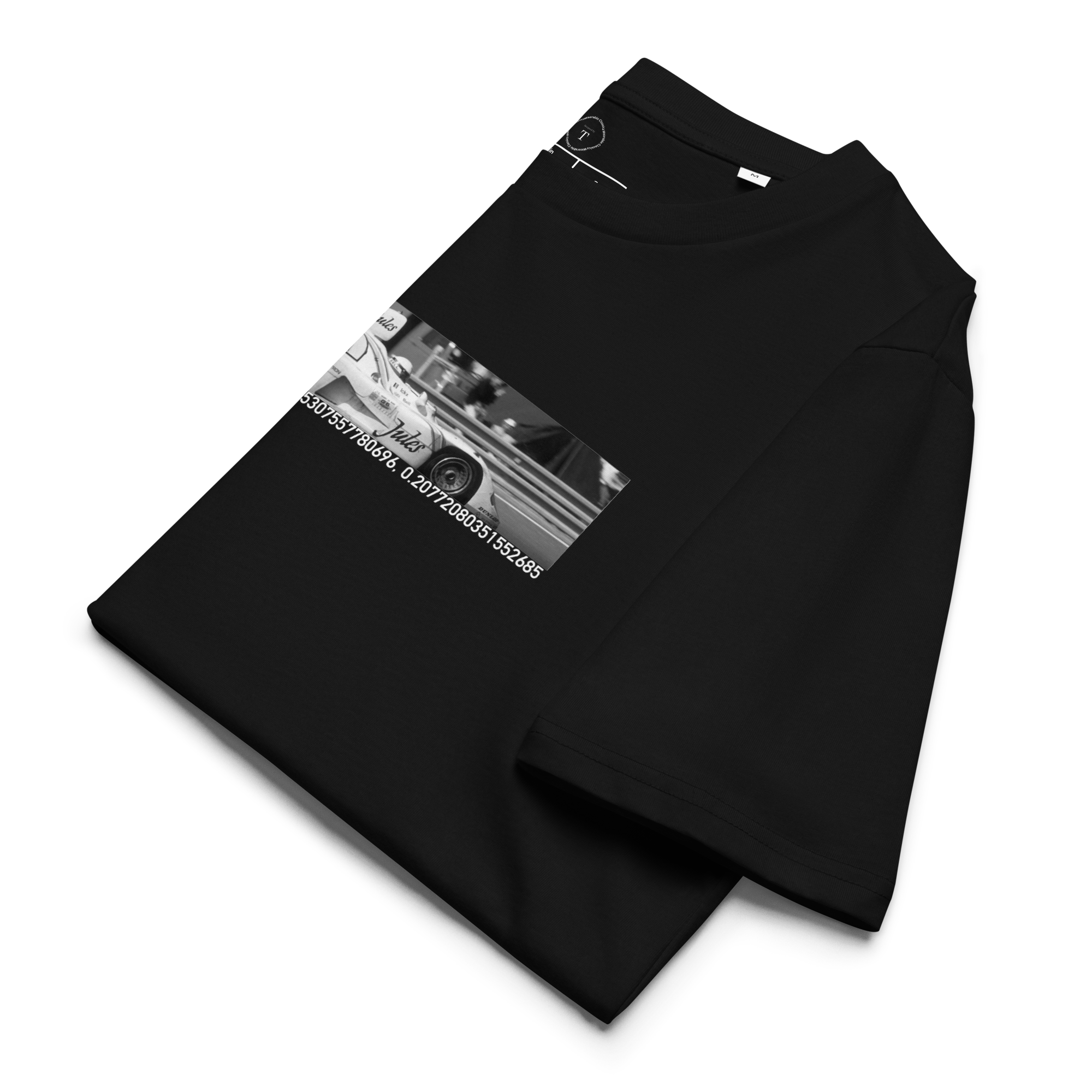 Black Unisex Cotton T-Shirt folded close up with banner image of Porsche 1981 at Le Mans in the centre with text of coordinates and date of race