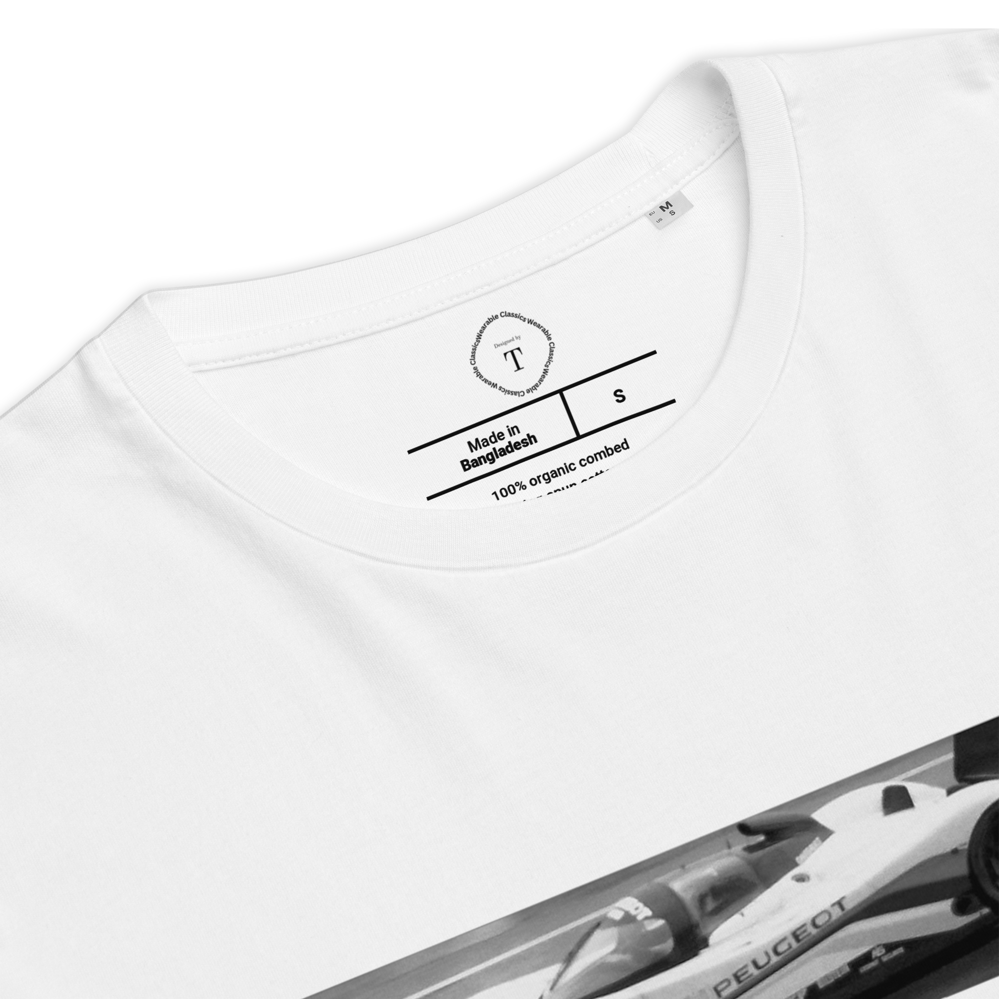 White Unisex Cotton T-Shirt folded close up with banner image of Peugeot 1992 at Le Mans in the centre with text of coordinates and date of race