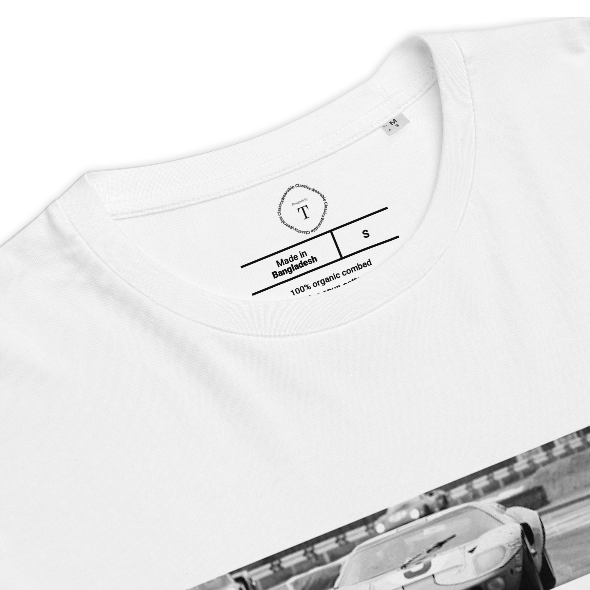 White Unisex Cotton T-Shirt folded close up with banner image of Ford GT40 1968 at Le Mans in the centre with text of coordinates and date of race