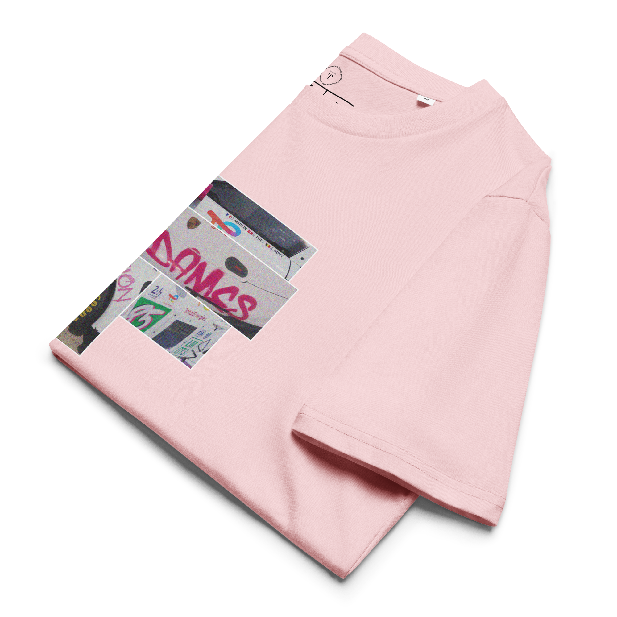 Pink Unisex Cotton T-Shirt folded close up with sqaure box design with photographs of Iron Dames from multiple angles at Le Mans