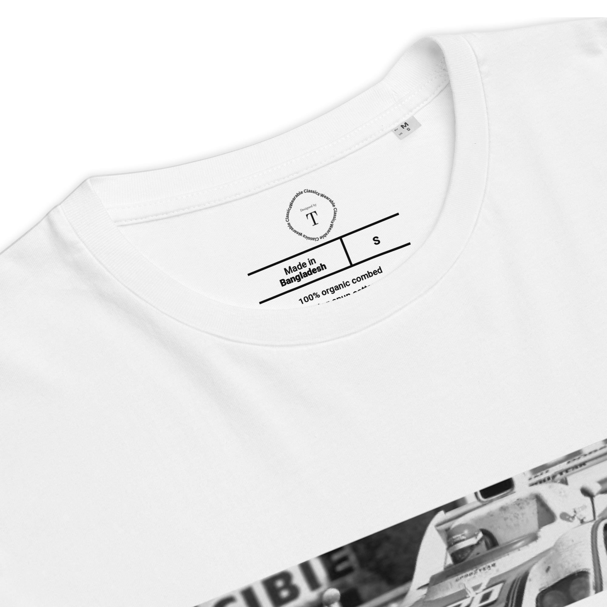 White Unisex Cotton T-Shirt folded close up with banner image of Porsche 1976 at Le Mans in the centre with text of coordinates and date of race