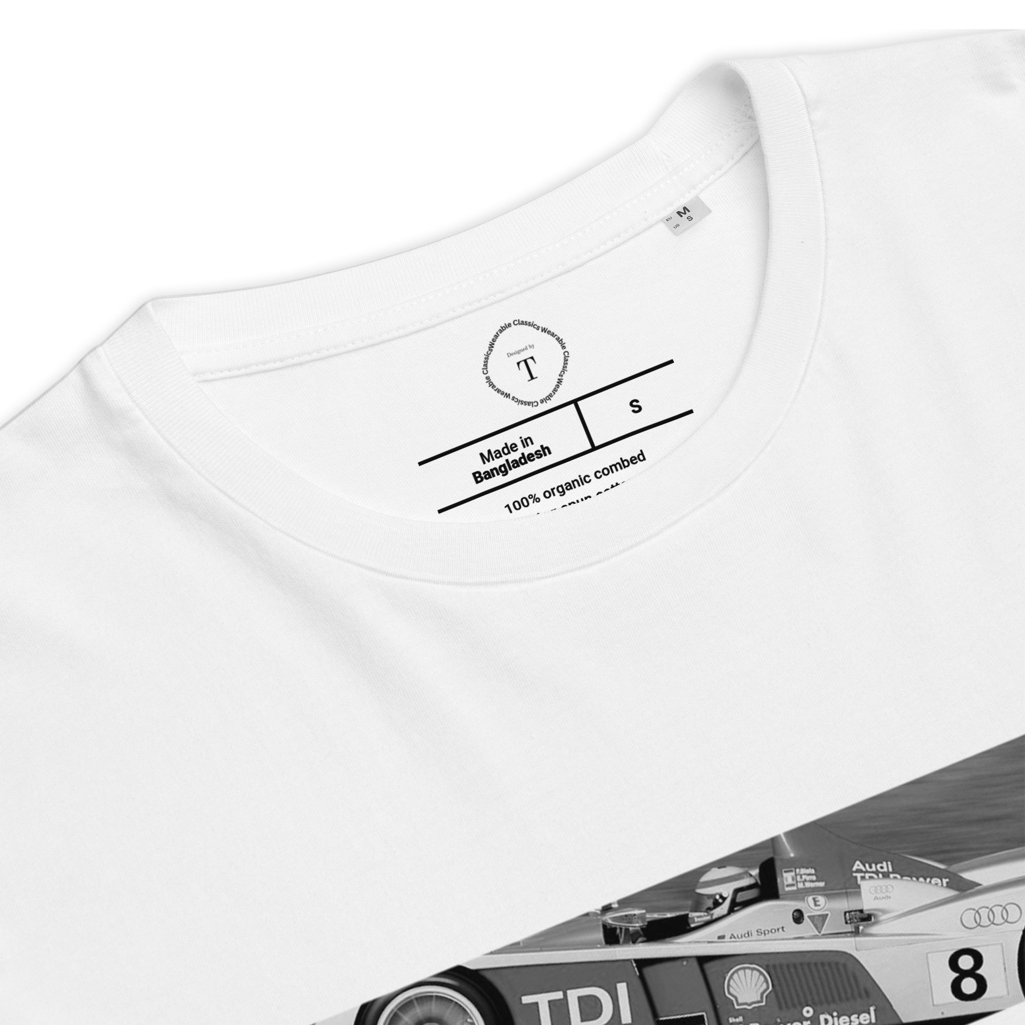 White Unisex Cotton T-Shirt folded close up with banner image of Audi 2006 at Le Mans in the centre with text of coordinates and date of race