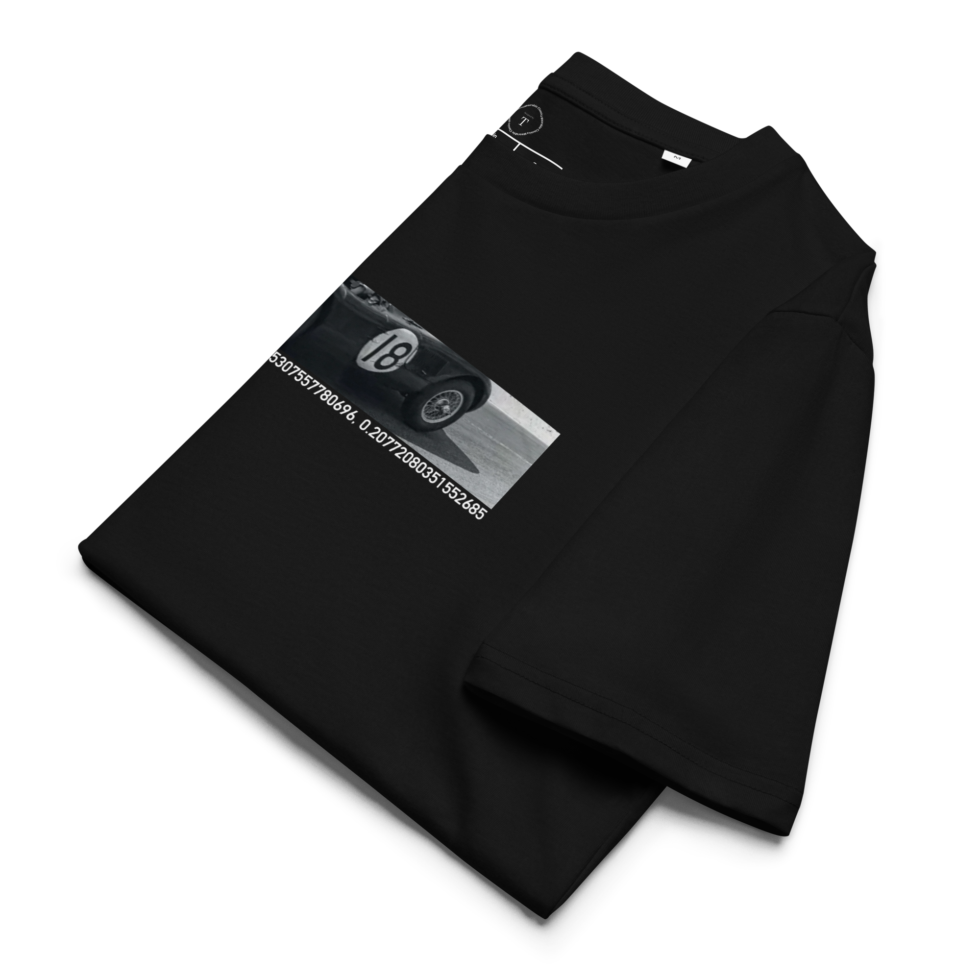 Black Unisex Cotton T-Shirt folded close up with banner image of 1953 Jaguar C Type at Le Mans in the centre with text of coordinates and date of race