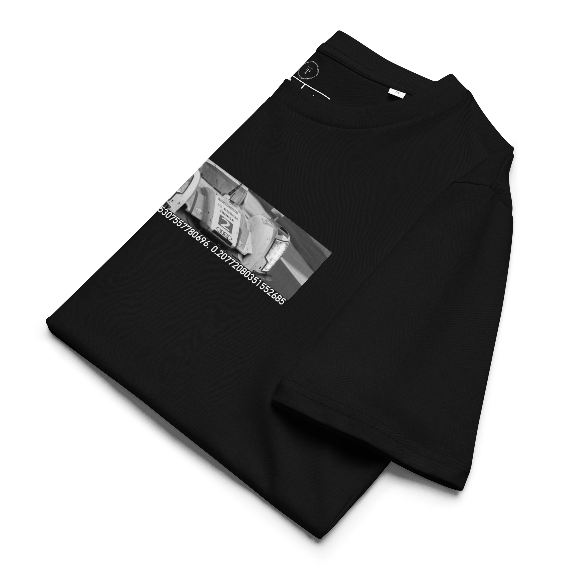 Black Unisex Cotton T-Shirt folded close up with banner image of Audi E-Tron 2013 at Le Mans in the centre with text of coordinates and date of race