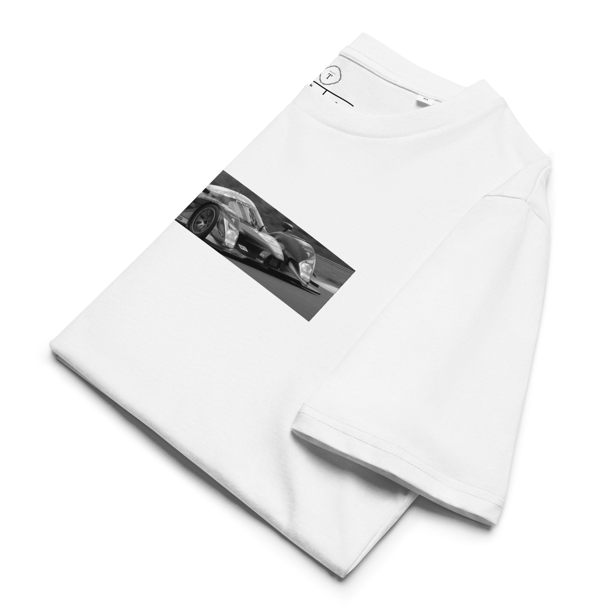 White Unisex Cotton T-Shirt folded close up with banner image of Peugeot 2009 at Le Mans in the centre with text of coordinates and date of race