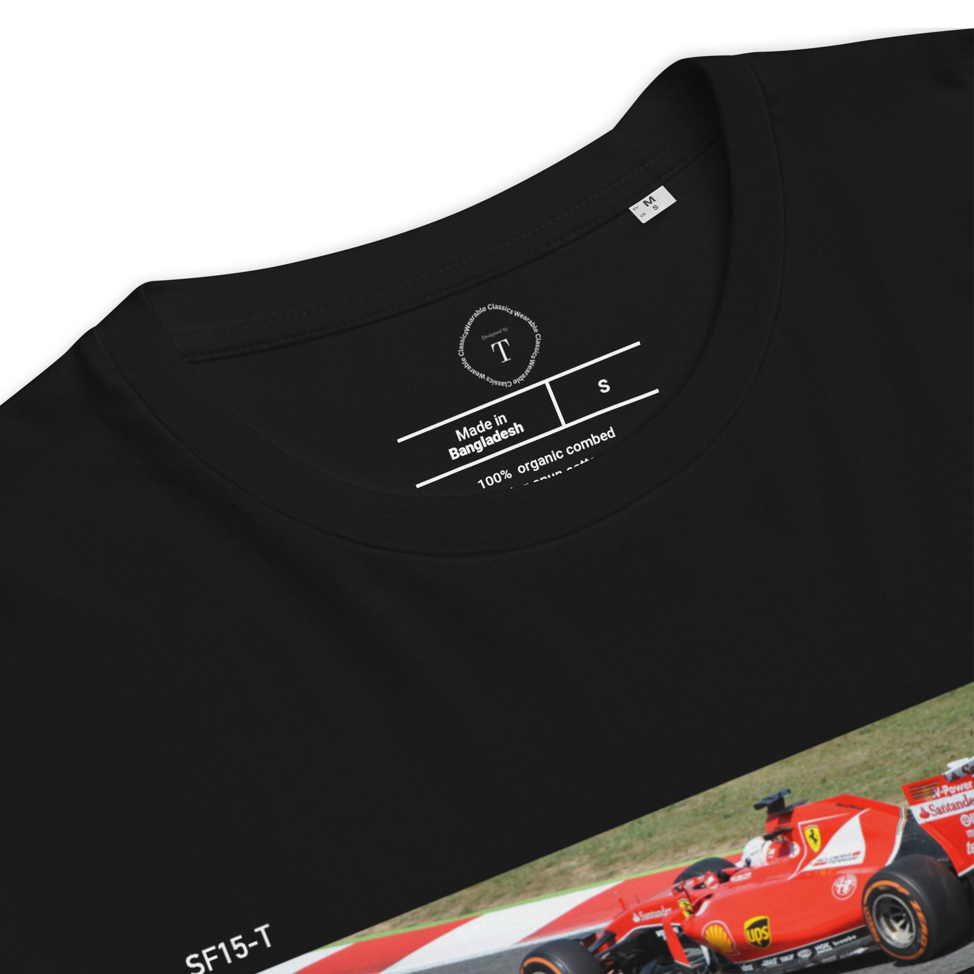 Black Unisex Cotton T-Shirt folded close up with banner image of Ferrari F1 SF15 XJR-9 on track in the centre with text of coordinates and date of race