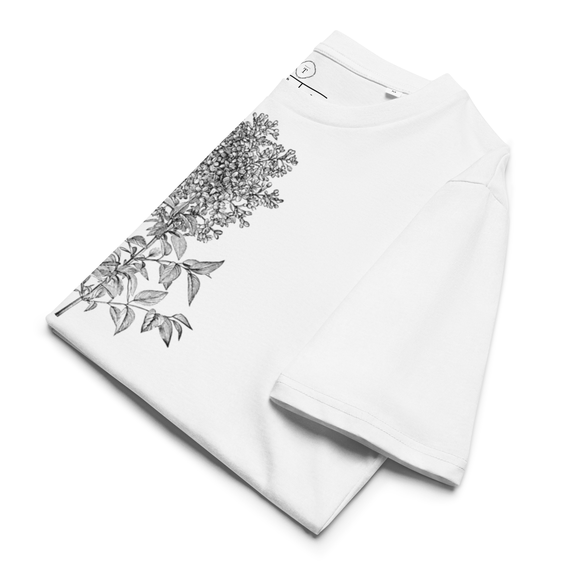 White Unisex Cotton T-Shirt folded close up with black and white image of wildflower in the centre