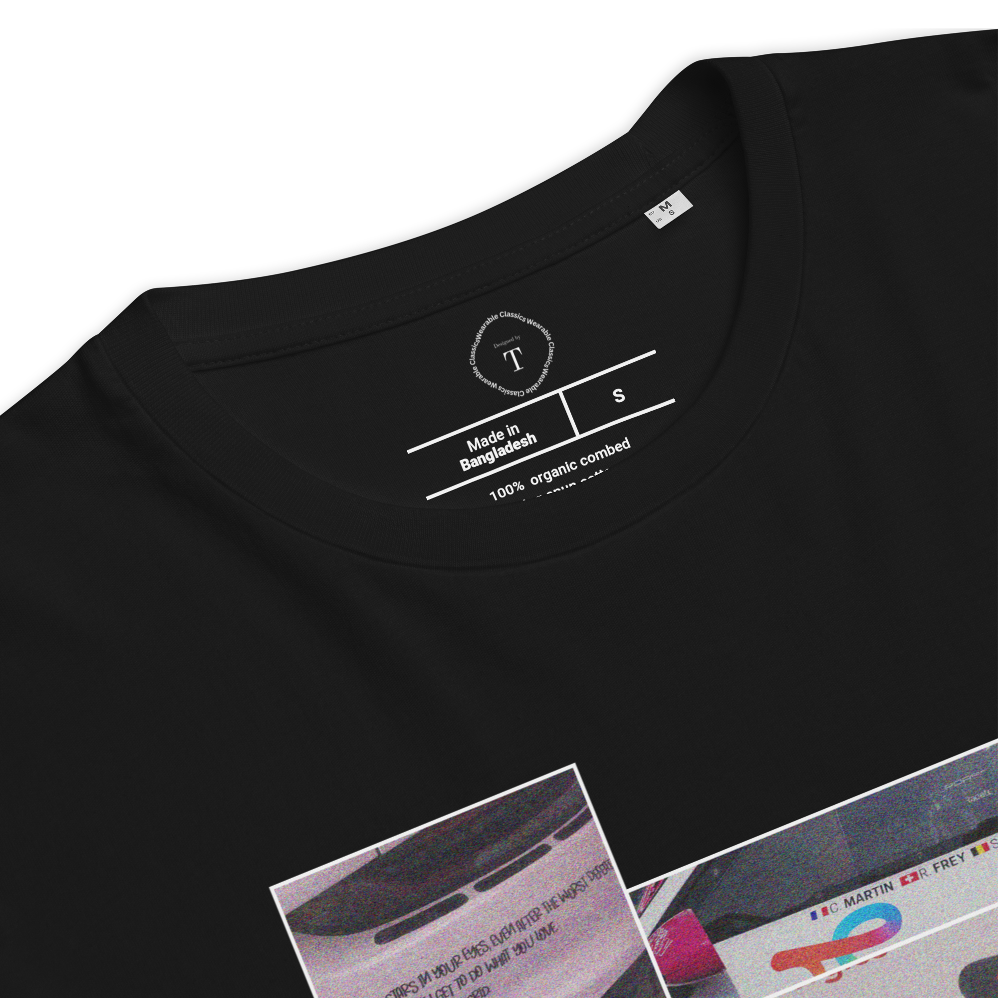 Black Unisex Cotton T-Shirt folded close up with sqaure box design with photographs of Iron Dames from multiple angles at Le Mans