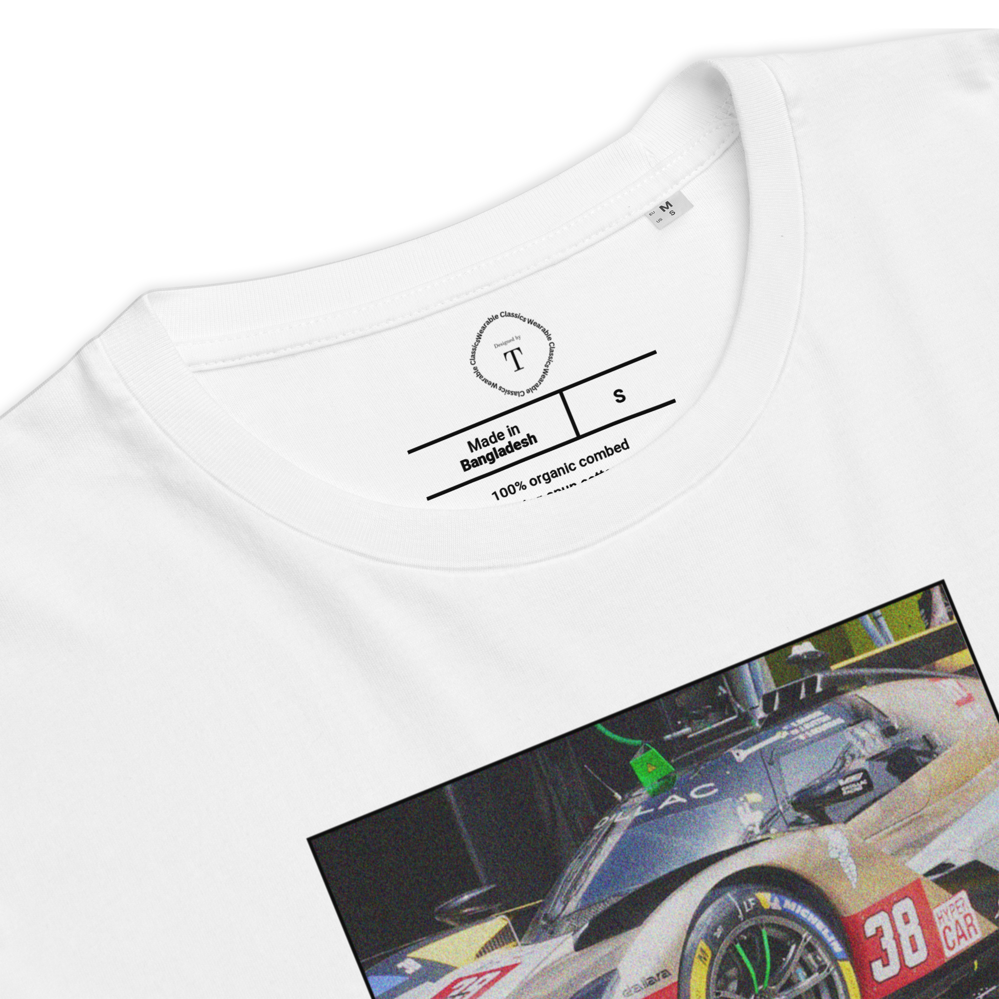 White Unisex Cotton T-Shirt folded close up with sqaure box design with photographs of Cadillac Racing from multiple angles at Le Mans
