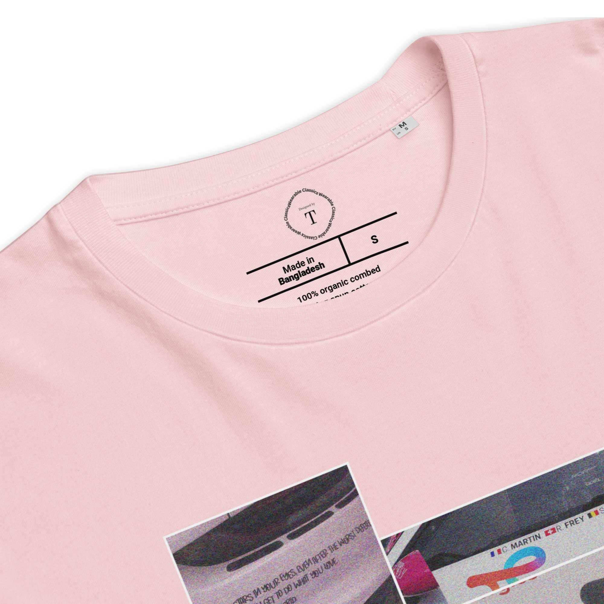 Pink Unisex Cotton T-Shirt folded close up with sqaure box design with photographs of Iron Dames from multiple angles at Le Mans