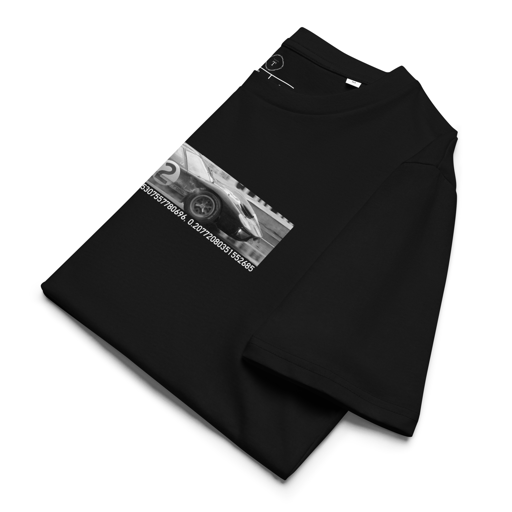 Black Unisex Cotton T-Shirt folded close up with banner image of Le Mans 1966 Ford GT40 at Le Mans in the centre with text of coordinates and date of race