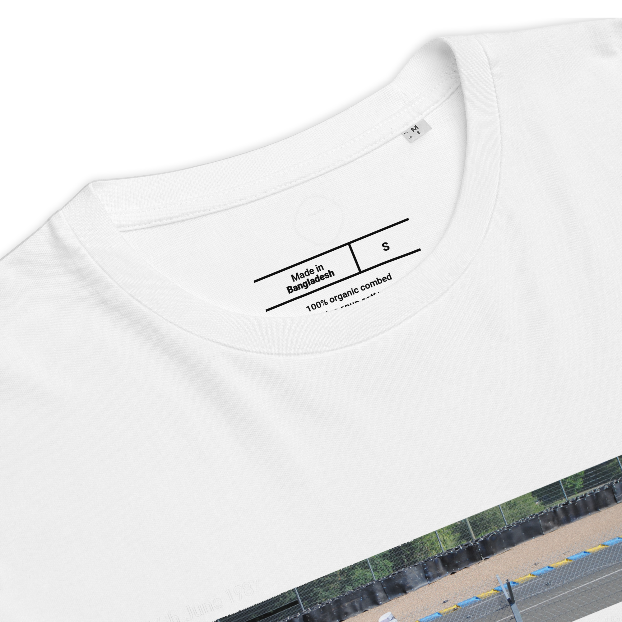 White Unisex Cotton T-Shirt folded close up with banner image of Jaguar XJR-9 at Le Mans in the centre with text of coordinates and date of race