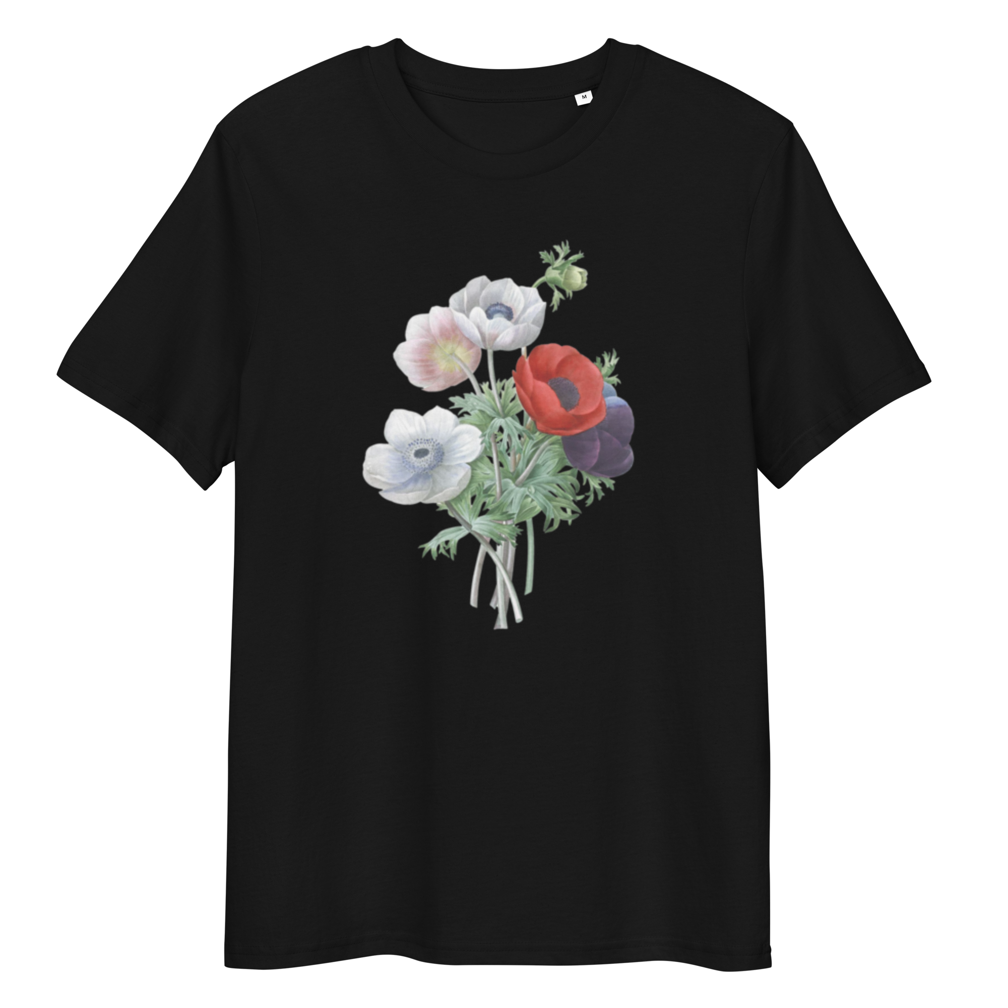 Black T-Shirt with image of red, white colourful poppy bouquet in the centre
