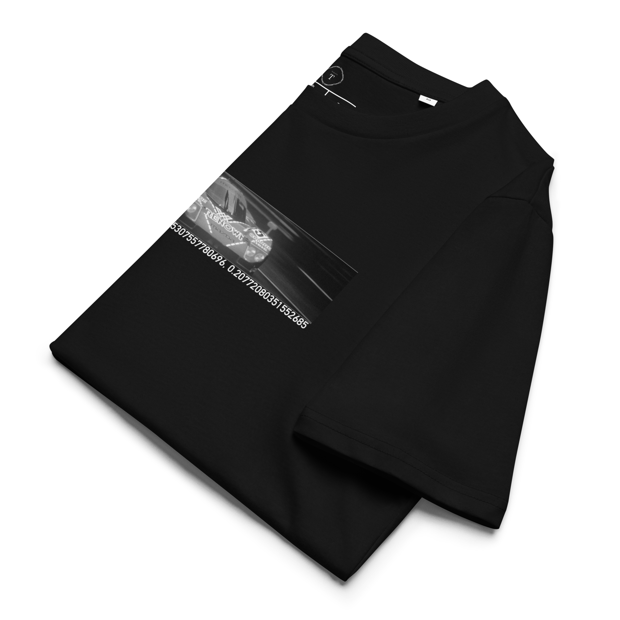 Black Unisex Cotton T-Shirt folded close up with banner image of Mazda 787B 1991 at Le Mans in the centre with text of coordinates and date of race