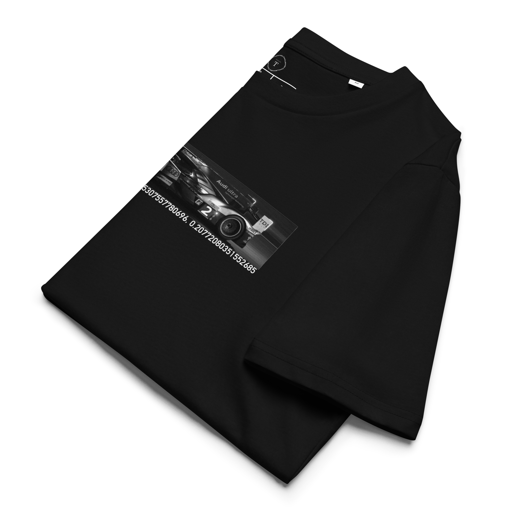 Black Unisex Cotton T-Shirt folded close up with banner image of Audi 2011 at Le Mans in the centre with text of coordinates and date of race