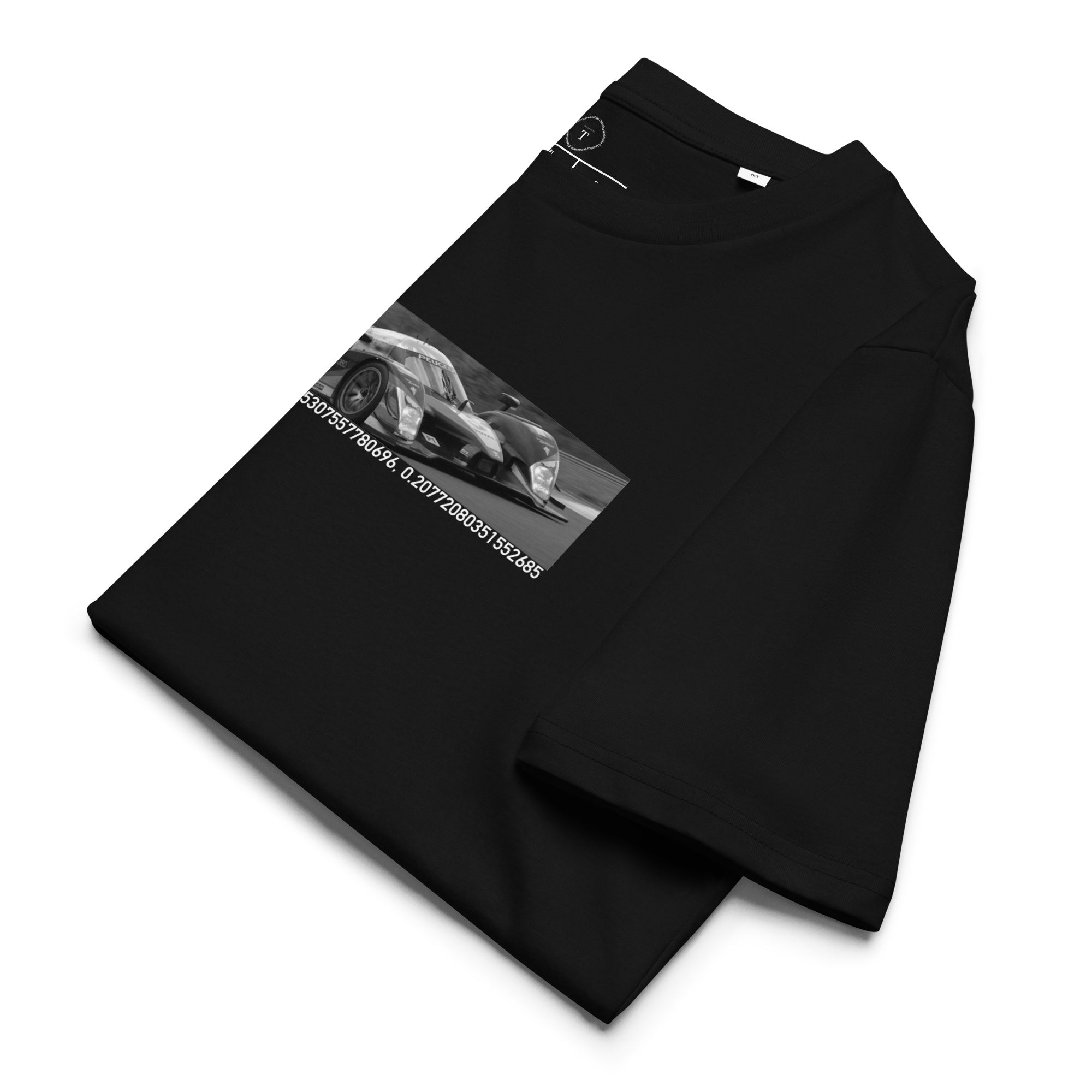 Black Unisex Cotton T-Shirt folded close up with banner image of Peugeot 2009 at Le Mans in the centre with text of coordinates and date of race