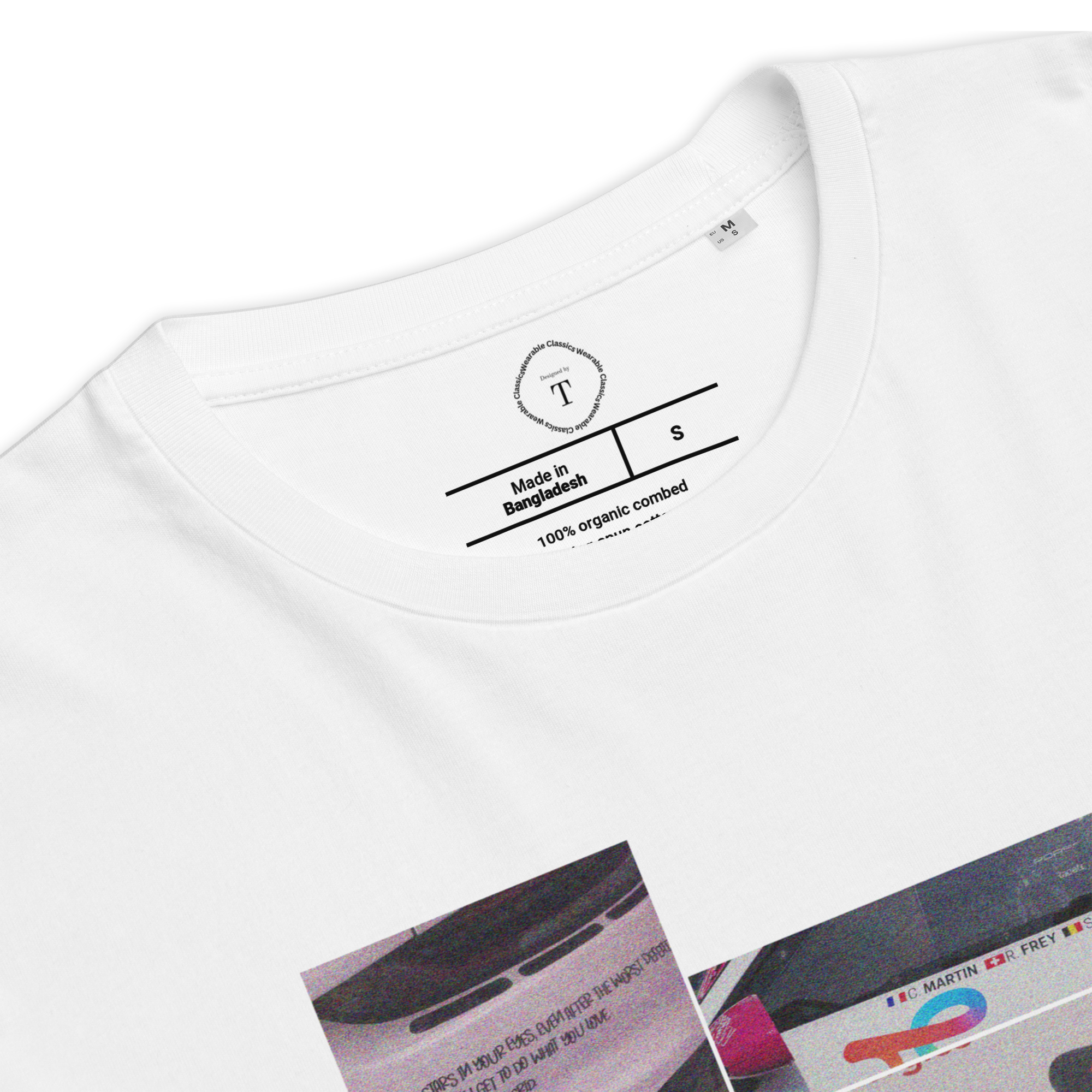 White Unisex Cotton T-Shirt folded close up with sqaure box design with photographs of Iron Dames from multiple angles at Le Mans