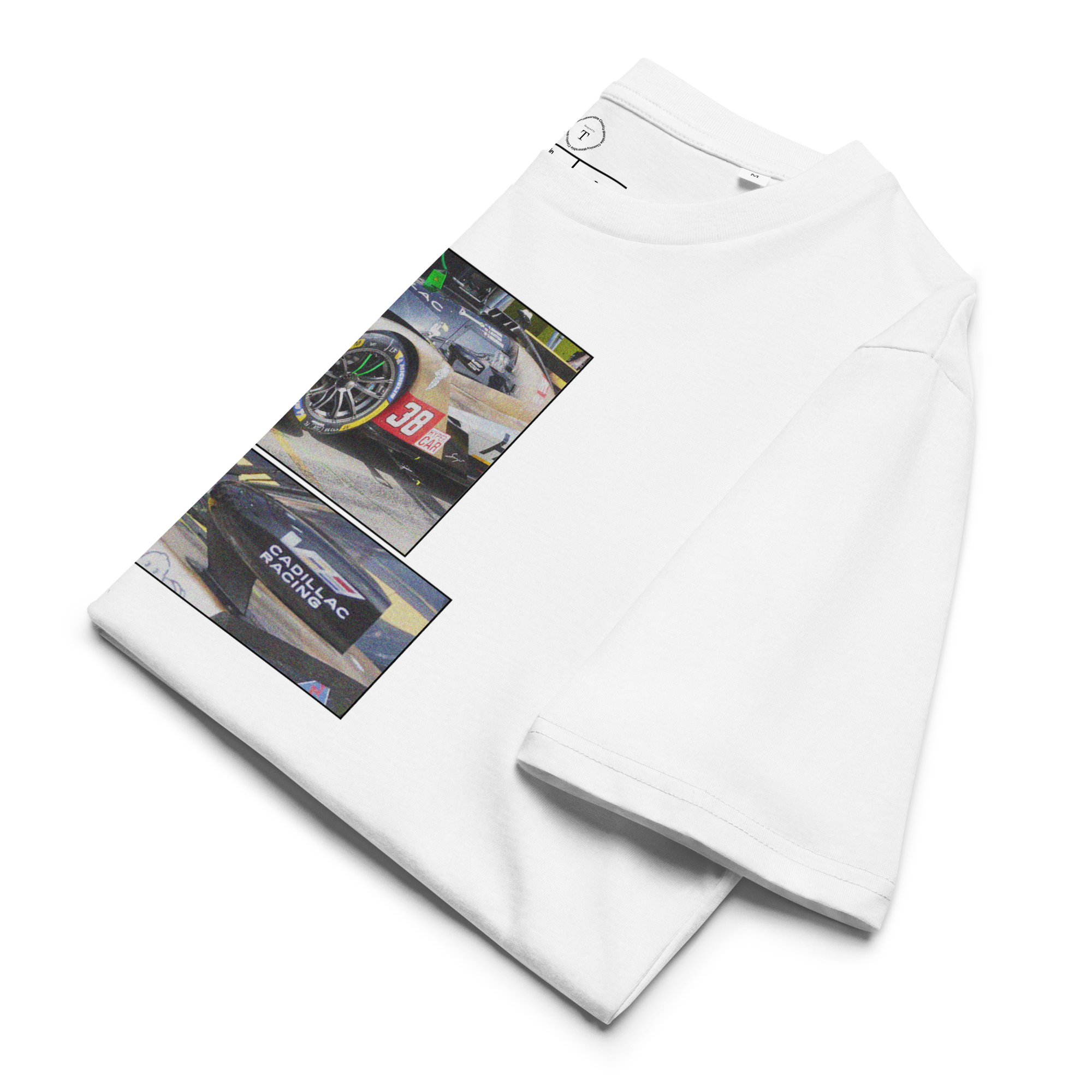 White Unisex Cotton T-Shirt folded close up with sqaure box design with photographs of Cadillac Racing from multiple angles at Le Mans