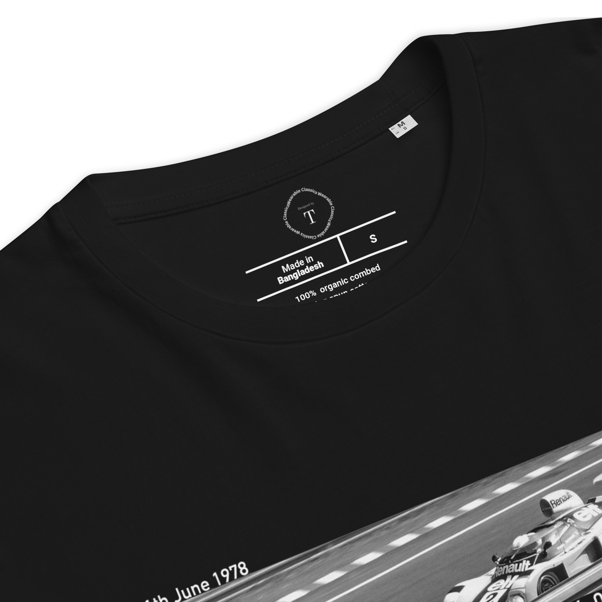 Black Unisex Cotton T-Shirt folded close up with banner image of Alpine 1978 at Le Mans in the centre with text of coordinates and date of race