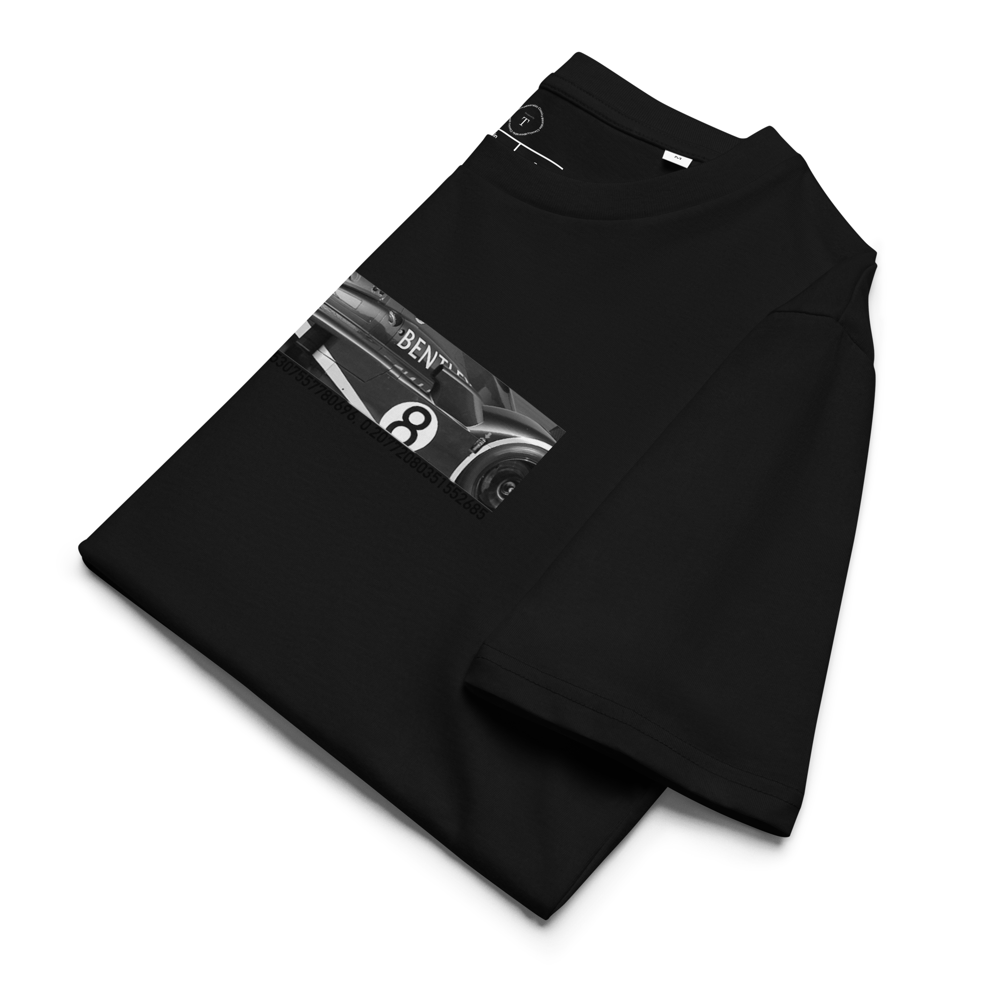 Black Unisex Cotton T-Shirt folded close up with banner image of Bentley 2003 at Le Mans in the centre with text of coordinates and date of race