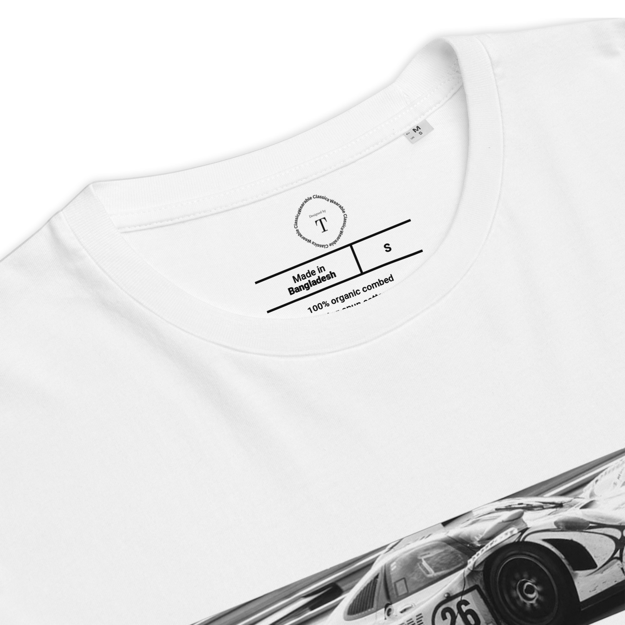 White Unisex Cotton T-Shirt folded close up with banner image of Porsche 911 1998 at Le Mans in the centre with text of coordinates and date of race
