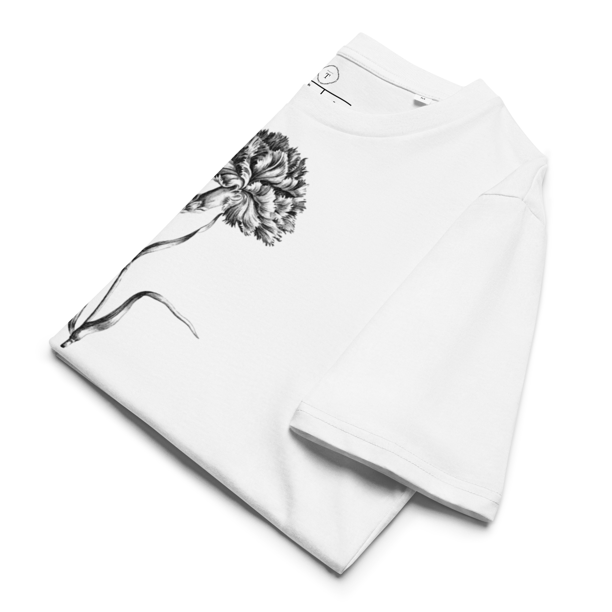 White Unisex Cotton T-Shirt folded close up with black and white image of carnation flower in the centre