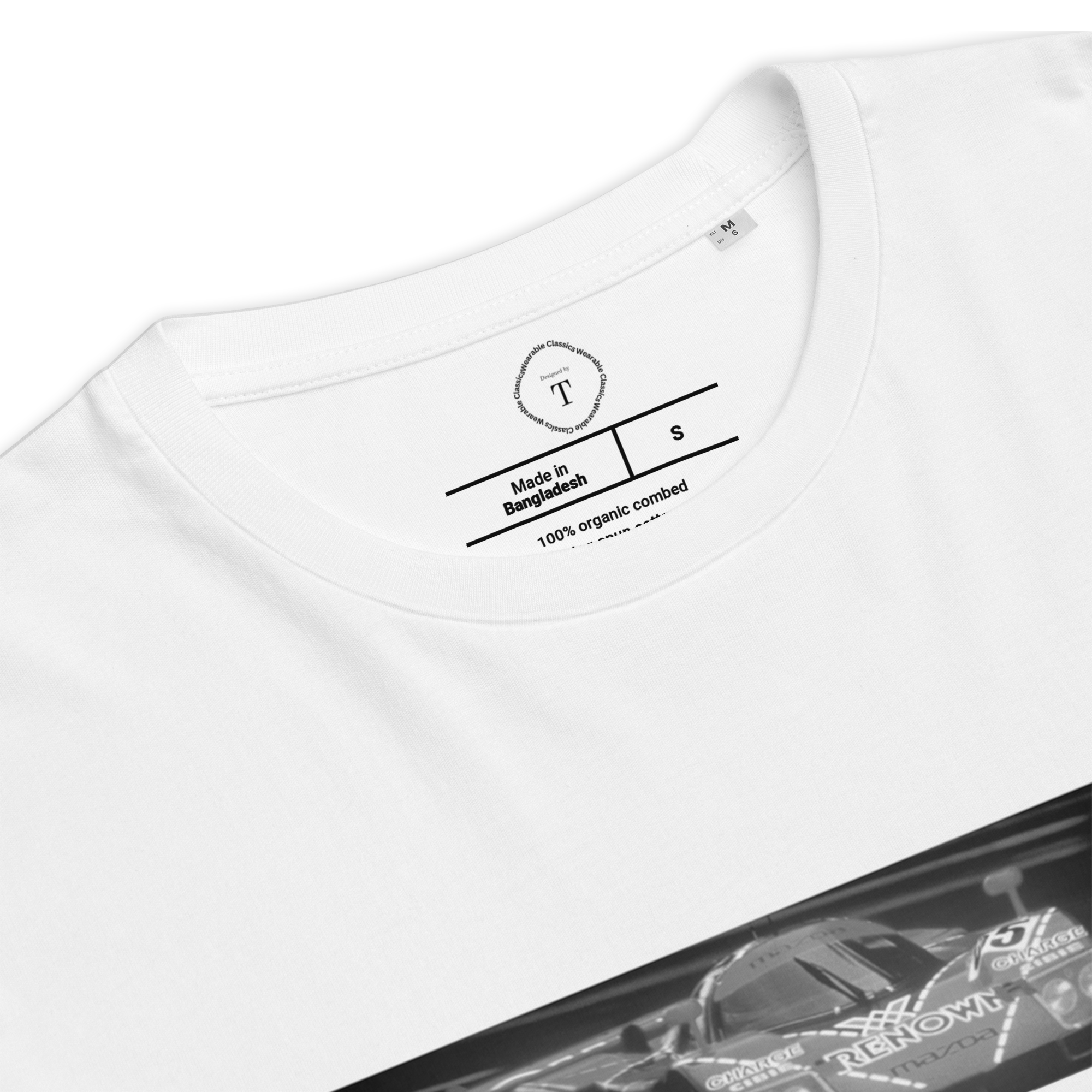 White Unisex Cotton T-Shirt folded close up with banner image of Mazda 787B 1991 at Le Mans in the centre with text of coordinates and date of race