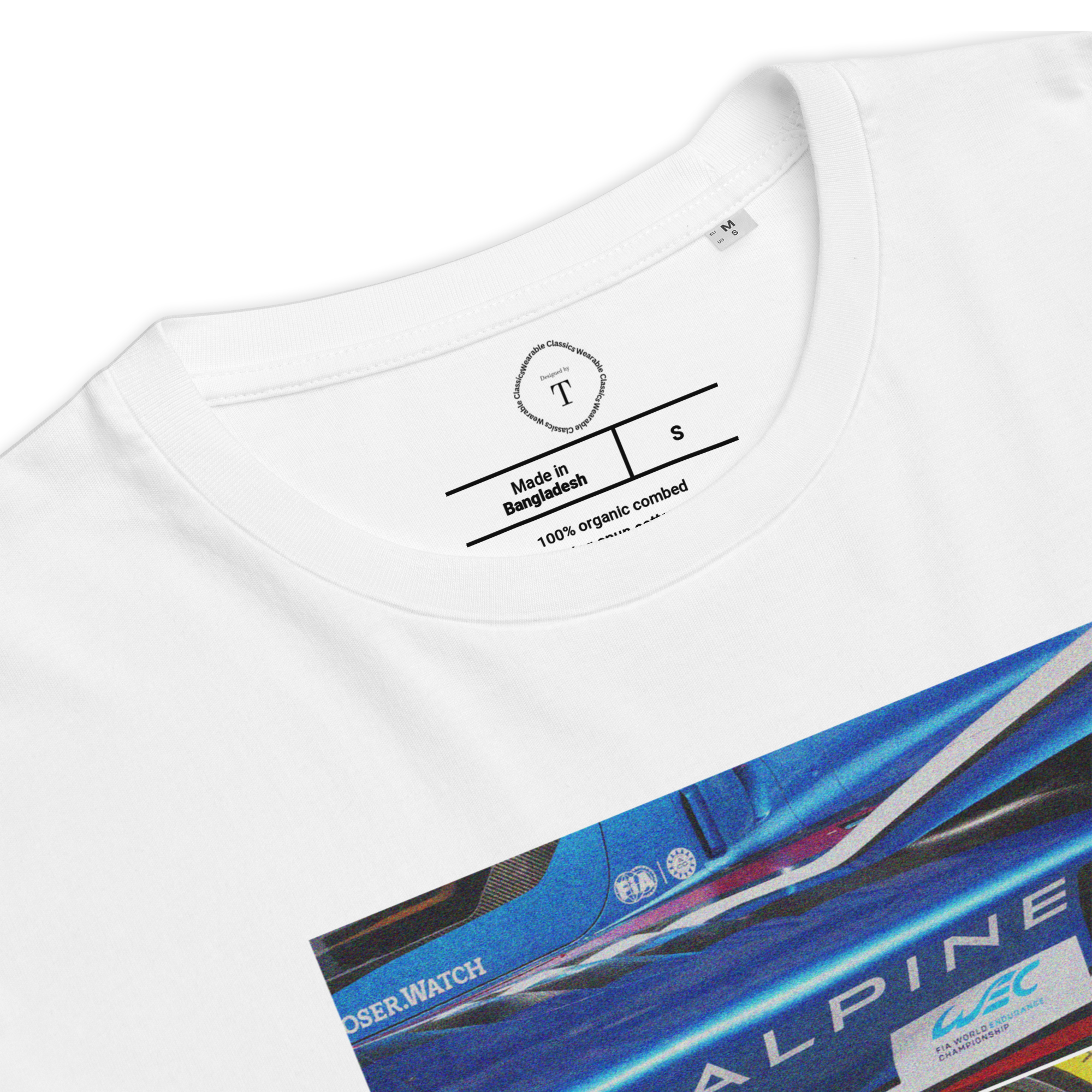 White Unisex Cotton T-Shirt folded close up with sqaure box design with photographs of Alpine from multiple angles at Le Mans