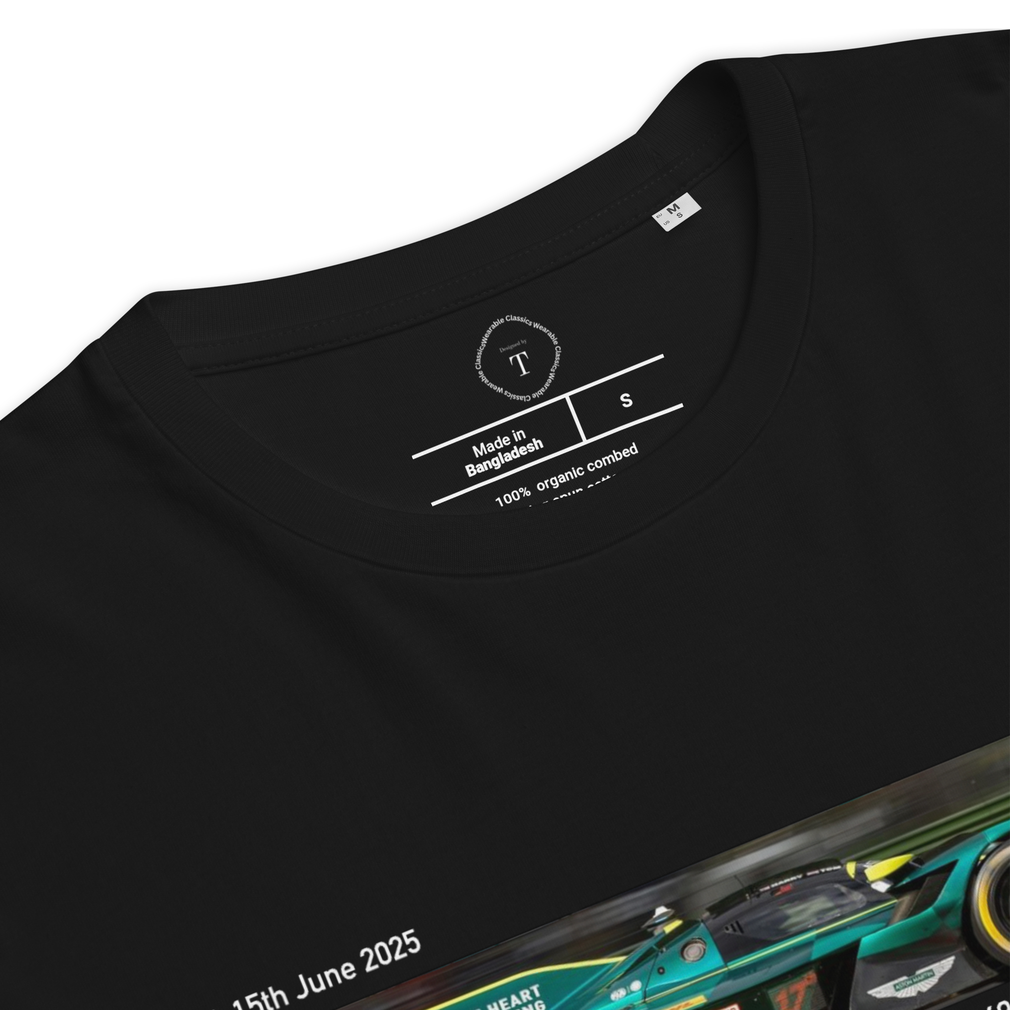 Black Unisex Cotton T-Shirt folded close up with banner image of Aston Martin Valkyrie at Le Mans in the centre with text of coordinates and date of race