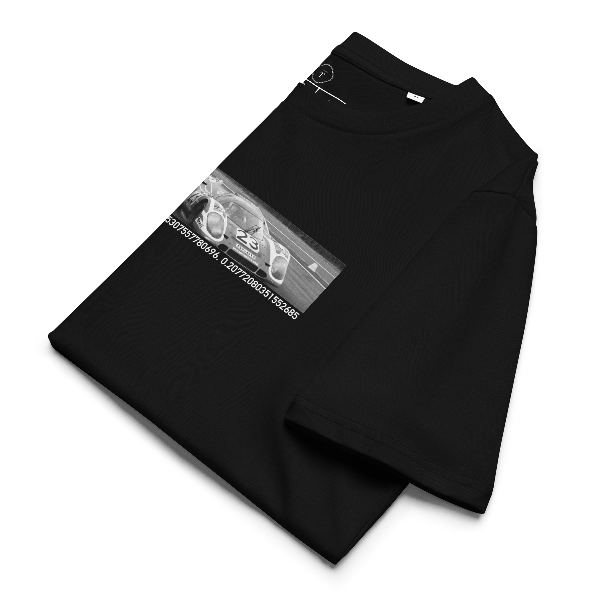 Black Unisex Cotton T-Shirt folded close up with banner image of Porsche 1970 at Le Mans in the centre with text of coordinates and date of race