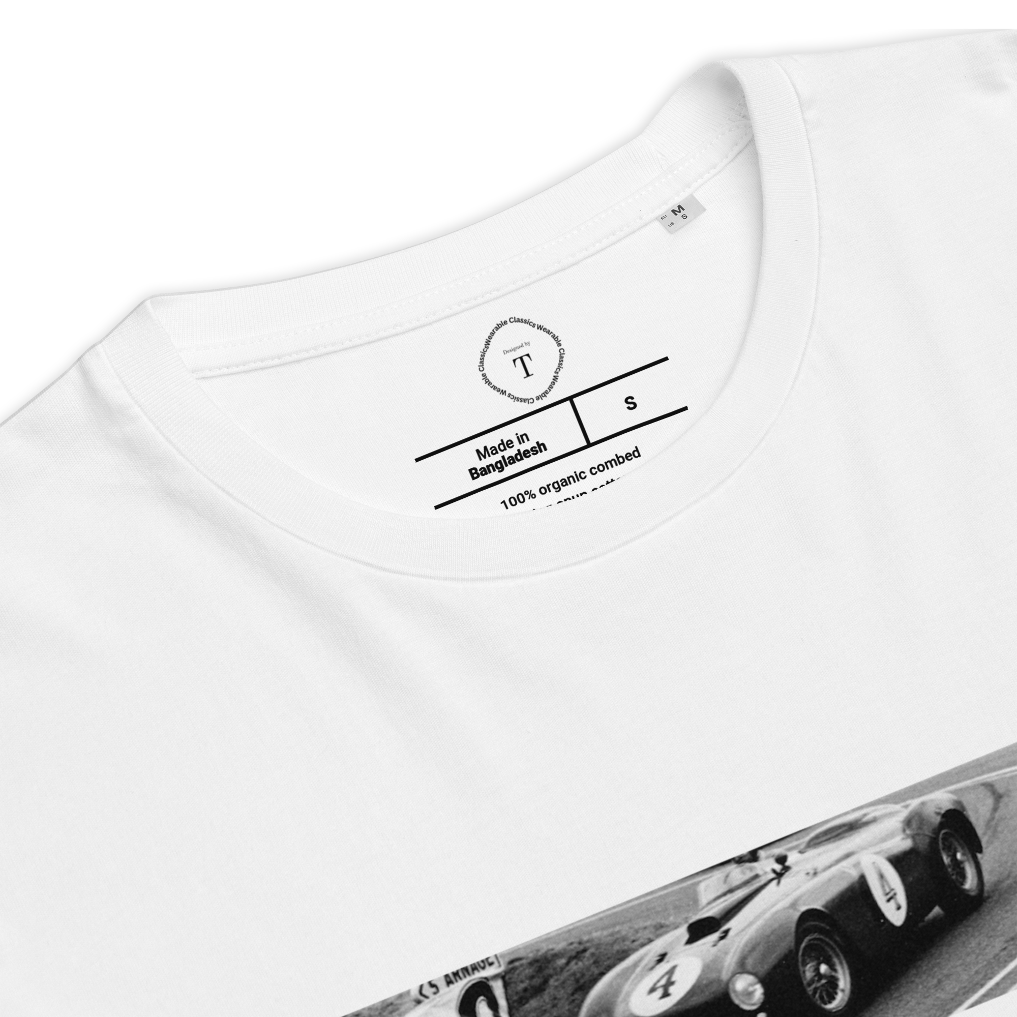 White Unisex Cotton T-Shirt folded close up with banner image of 1954 Ferrari at Le Mans in the centre with text of coordinates and date of race