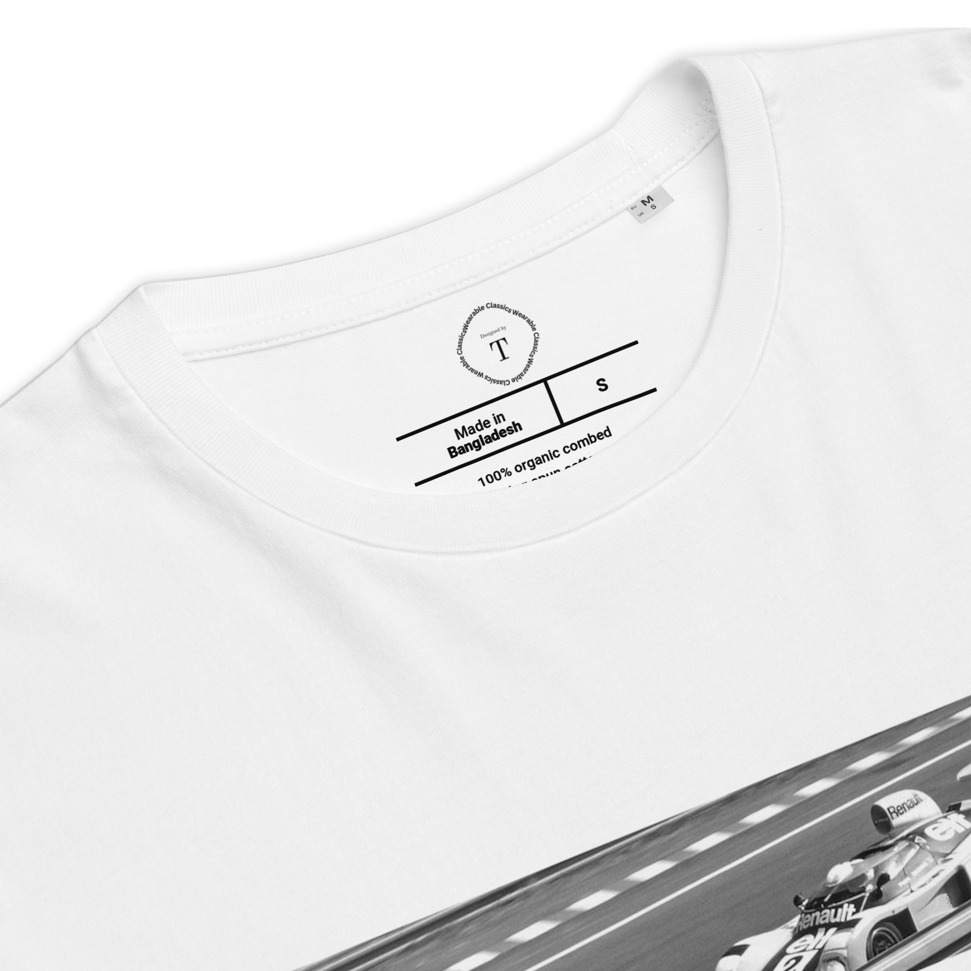 White Unisex Cotton T-Shirt folded close up with banner image of Alpine 1978 at Le Mans in the centre with text of coordinates and date of race