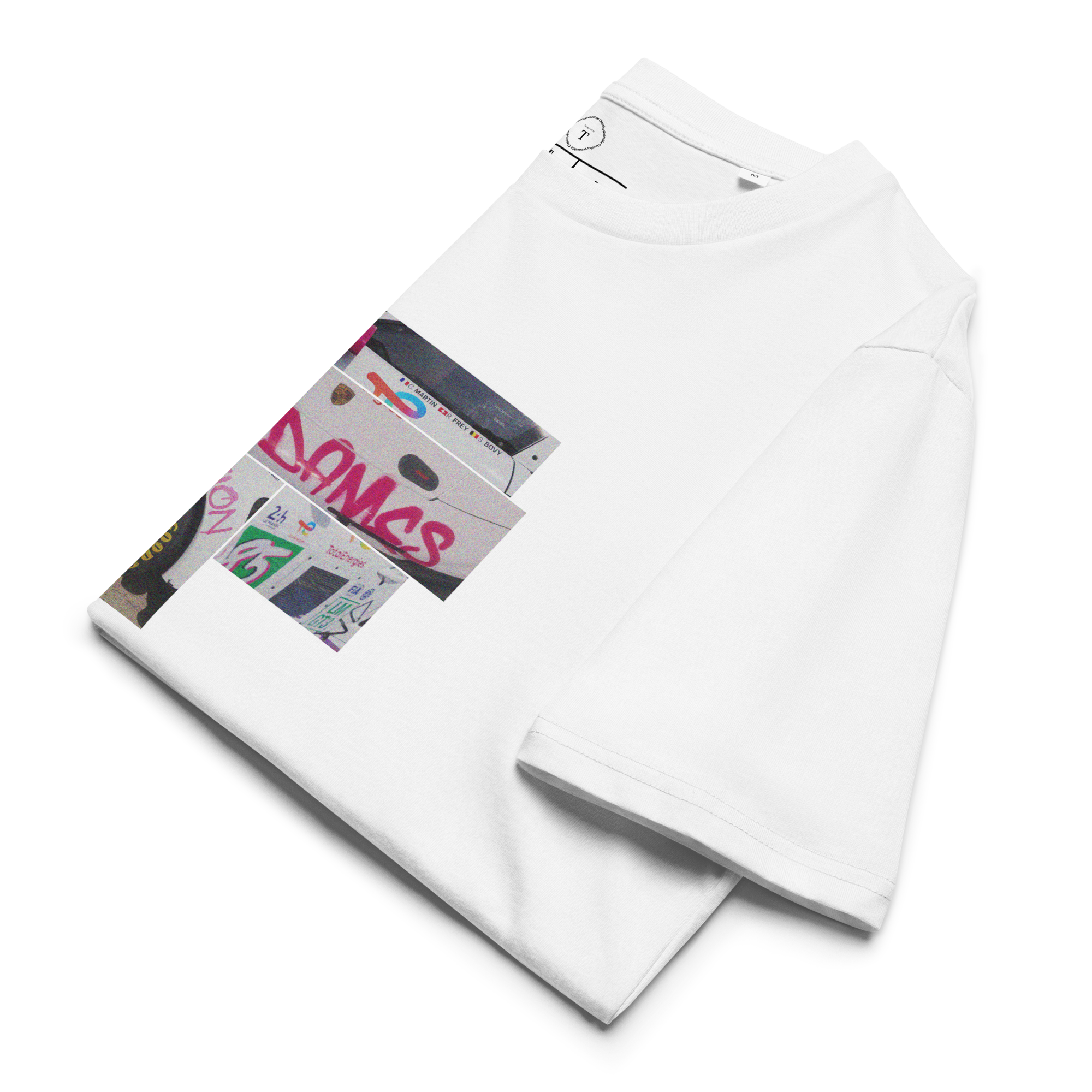 White Unisex Cotton T-Shirt folded close up with sqaure box design with photographs of Iron Dames from multiple angles at Le Mans