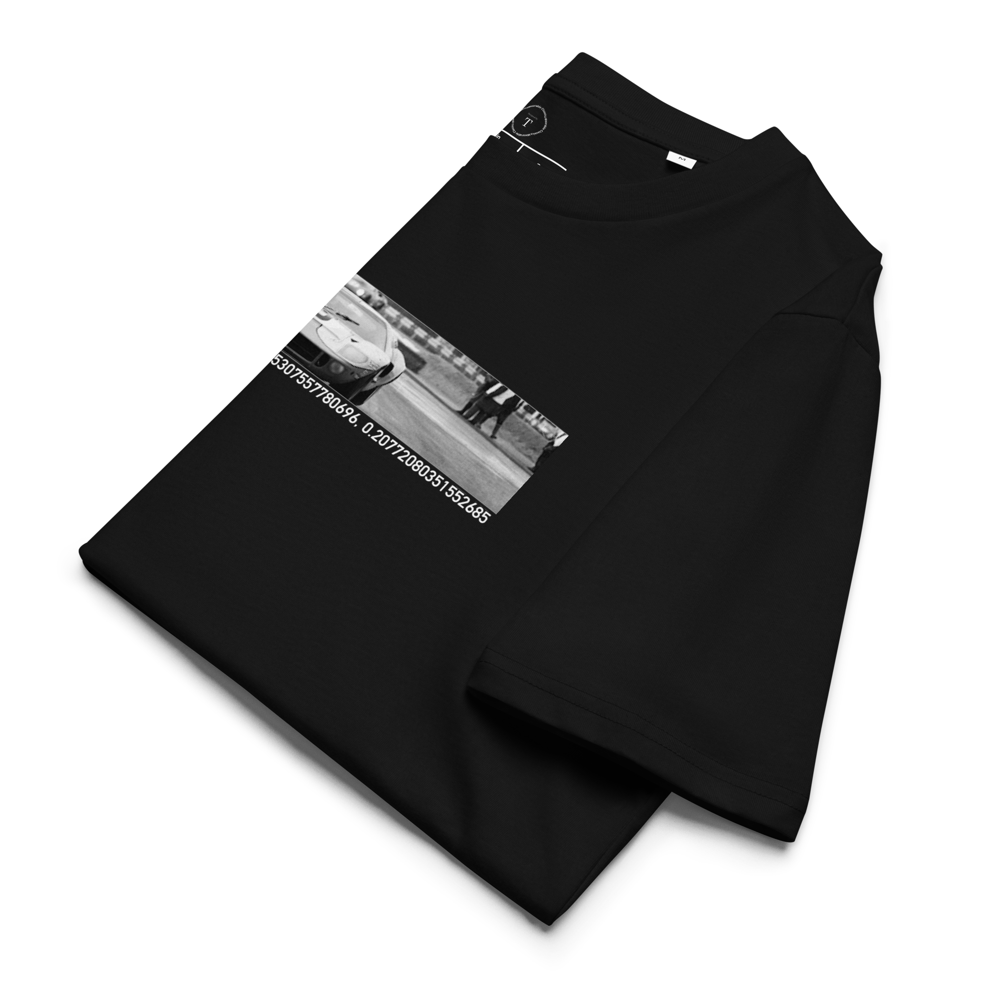 Black Unisex Cotton T-Shirt folded close up with banner image of Ford GT40 1968 at Le Mans in the centre with text of coordinates and date of race