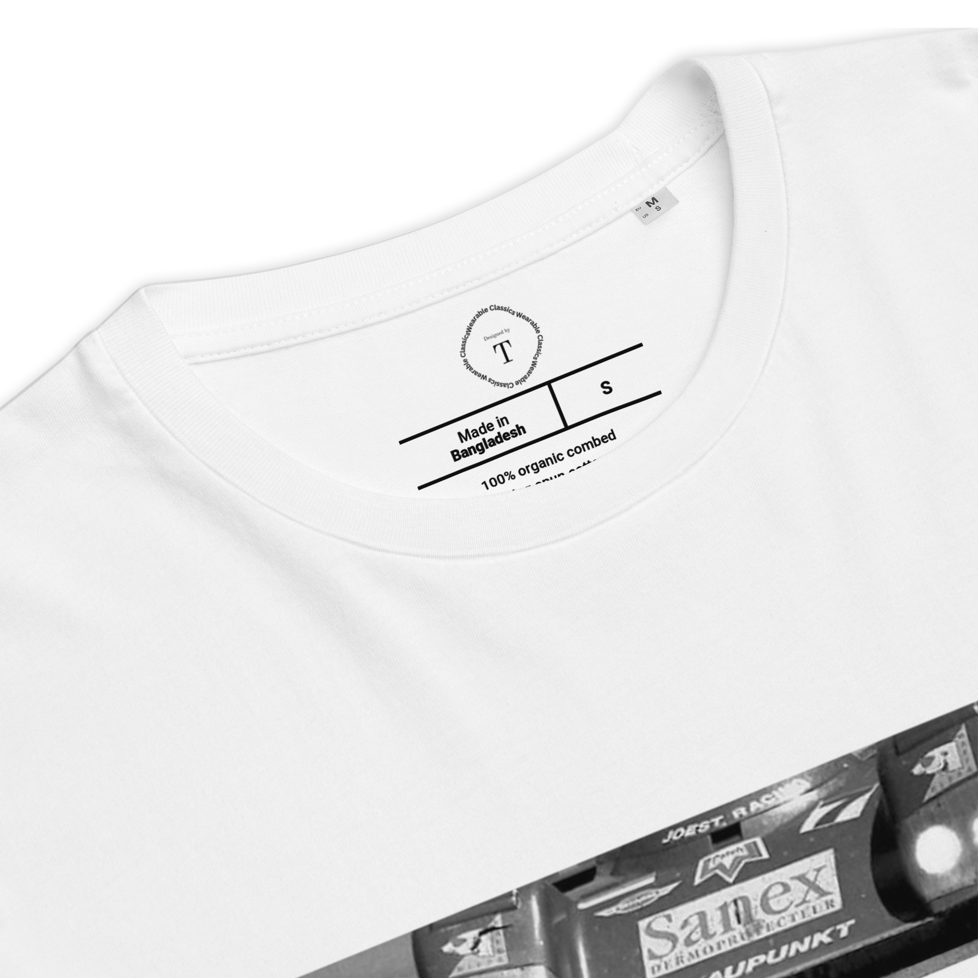 White Unisex Cotton T-Shirt folded close up with banner image of Porsche 1996 at Le Mans in the centre with text of coordinates and date of race
