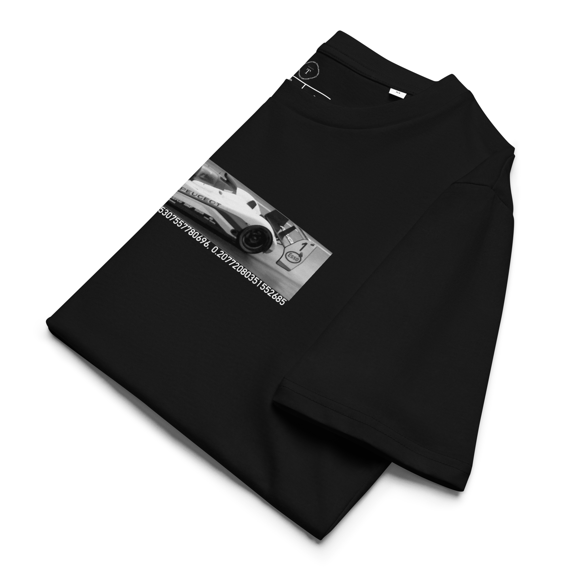 Black Unisex Cotton T-Shirt folded close up with banner image of Peugeot 1992 at Le Mans in the centre with text of coordinates and date of race