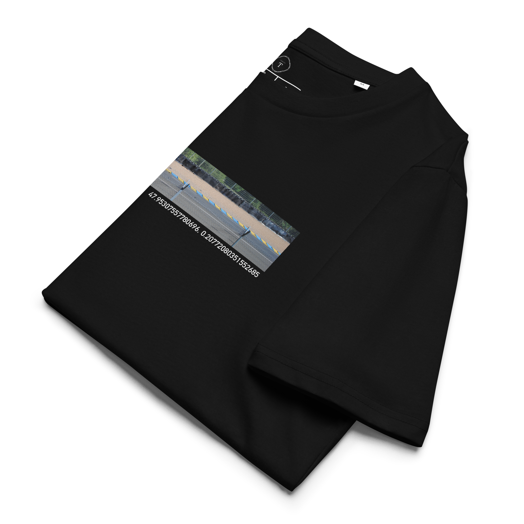 Black Unisex Cotton T-Shirt folded close up with banner image of Jaguar XJR-9 at Le Mans in the centre with text of coordinates and date of race
