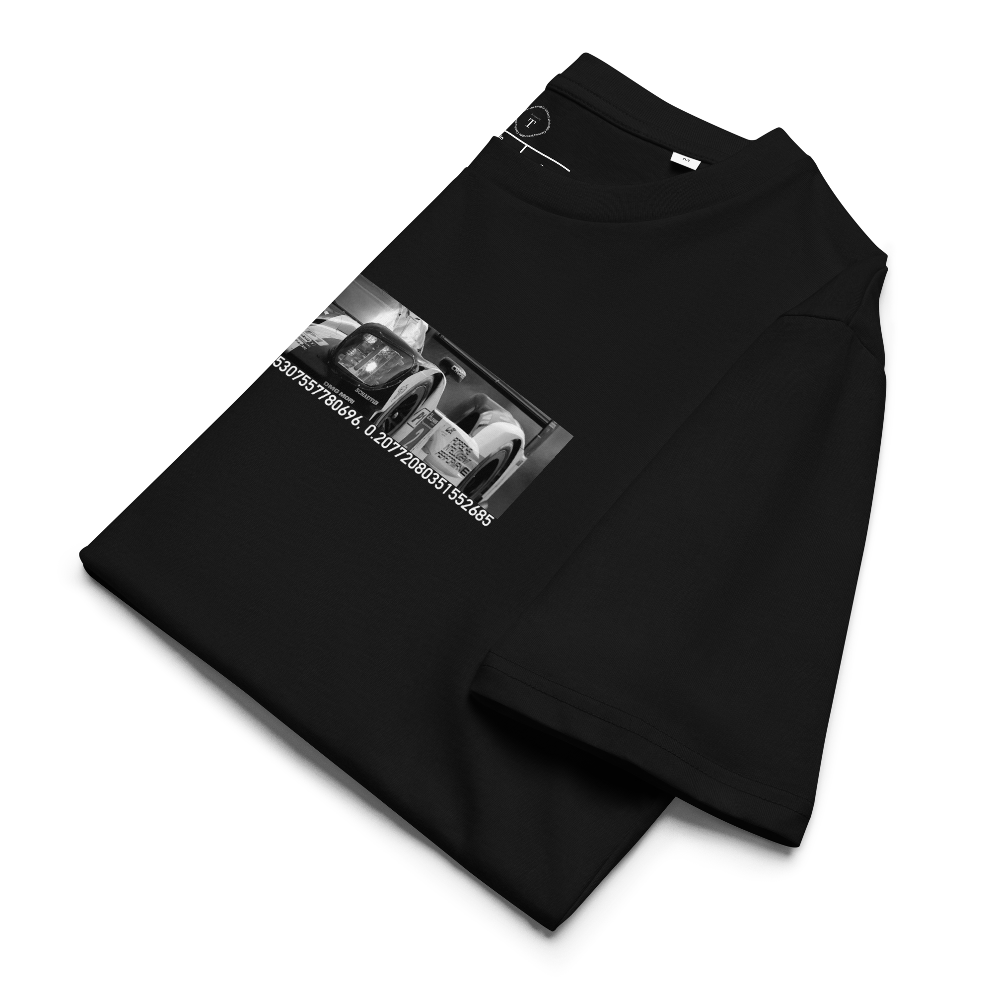 Black Unisex Cotton T-Shirt folded close up with banner image of Porsche 919 Hybrid 2016 at Le Mans in the centre with text of coordinates and date of race