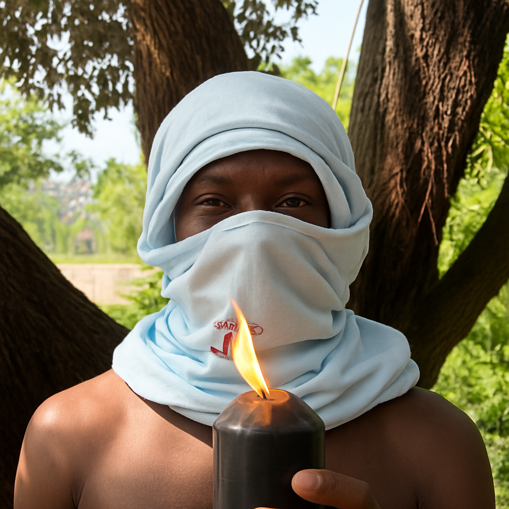 Person with a light blue cloth wrapped around their head and face, holding a lit candle outdoors with trees in the background.
