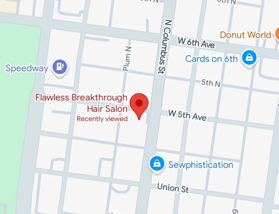 Map showing the location of Flawless Breakthrough Hair Salon on a street grid, neighboring businesses including Speedway, Donut World, Cards on 6th, and Sewphistication. The map features street names W 5th Ave, Union St, N Columbia St, and others.