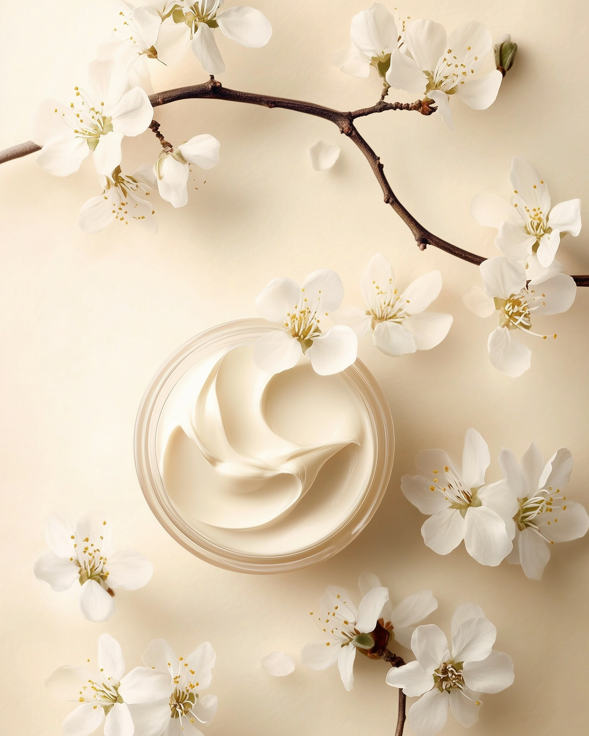 A jar of cream surrounded by white cherry blossoms on a light background.