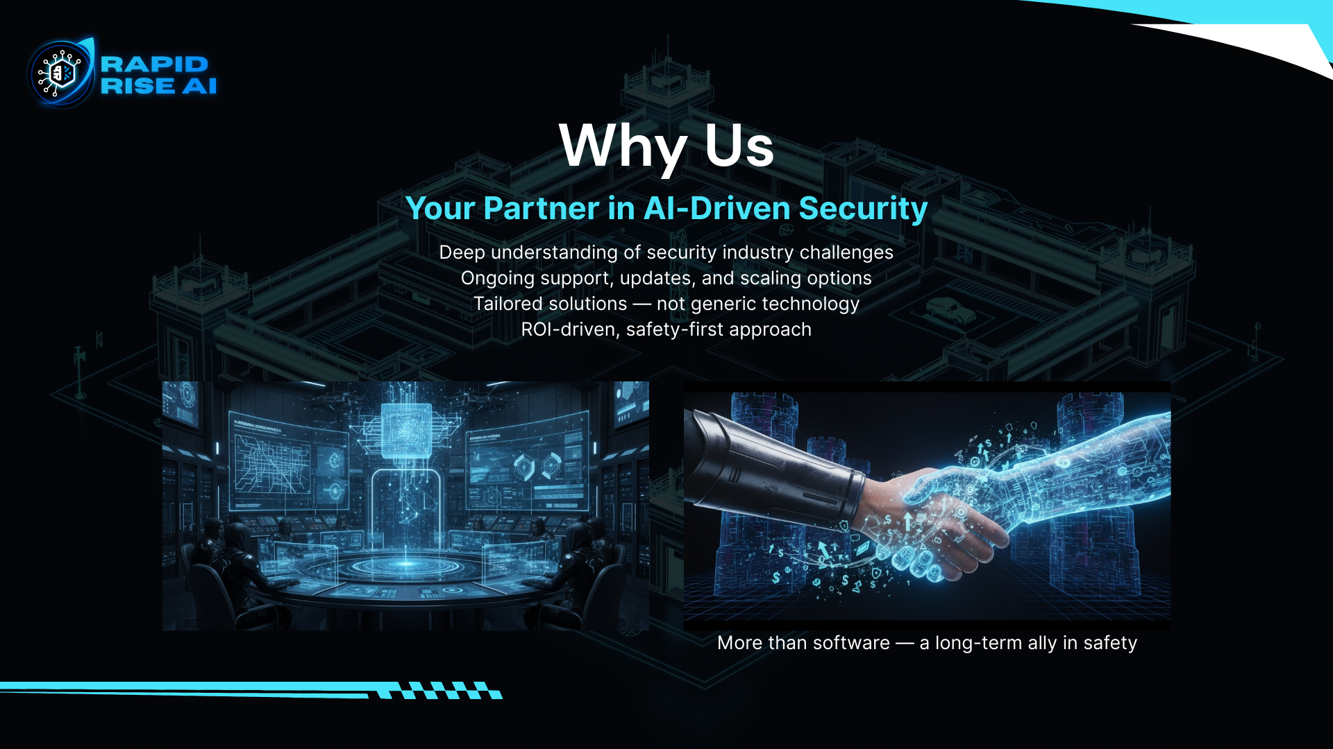 A digital presentation slide for Rapid Rise AI with the title "Why Us" and subtitle "Your Partner in AI-Driven Security". The slide features high-tech graphics of a control room with multiple screens and a digital handshake, emphasizing secure techno