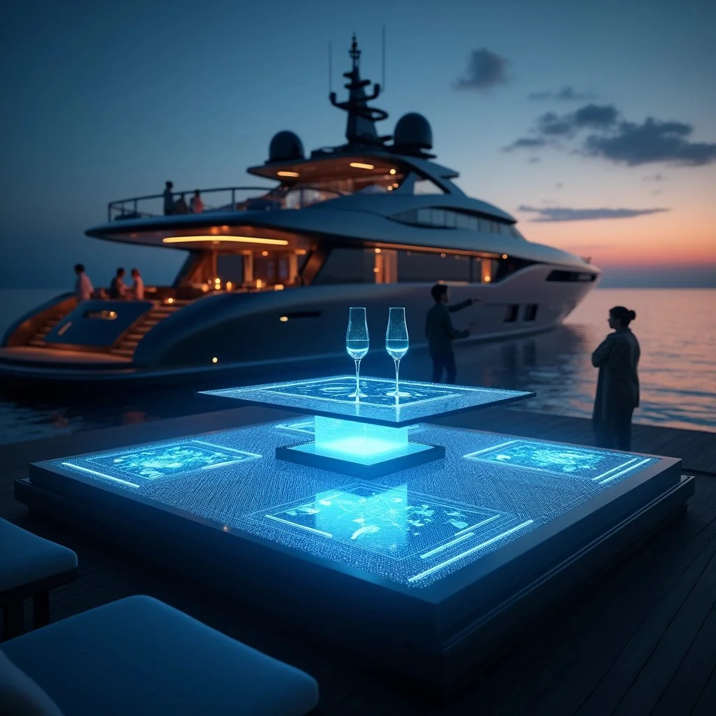 Luxury yacht docked at sunset with people on board, illuminated holographic table with two champagne glasses on a deck.