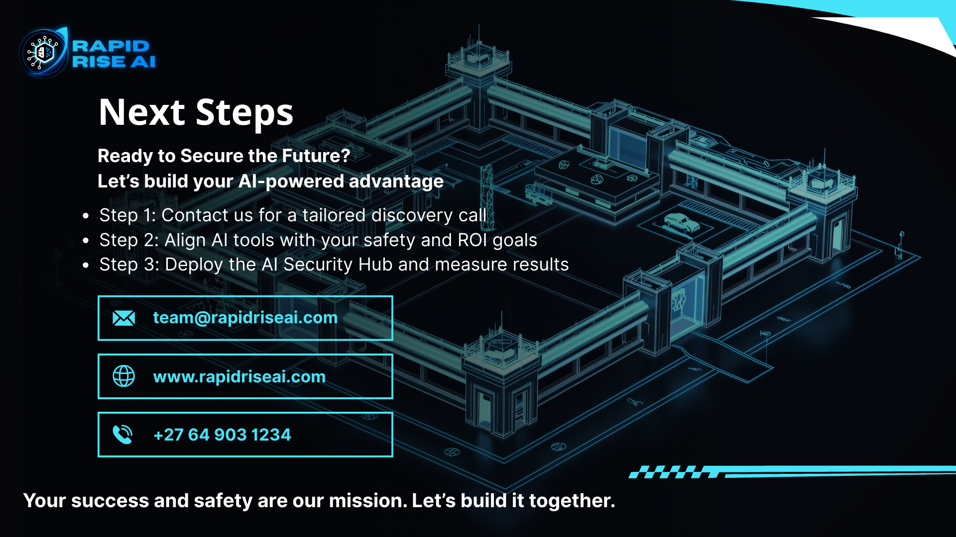 A futuristic digital blueprint of a building with blue neon lines on a black background, paired with promotional contact information for Rapid Rise AI, including email, website, and phone number, related to AI cybersecurity solutions.